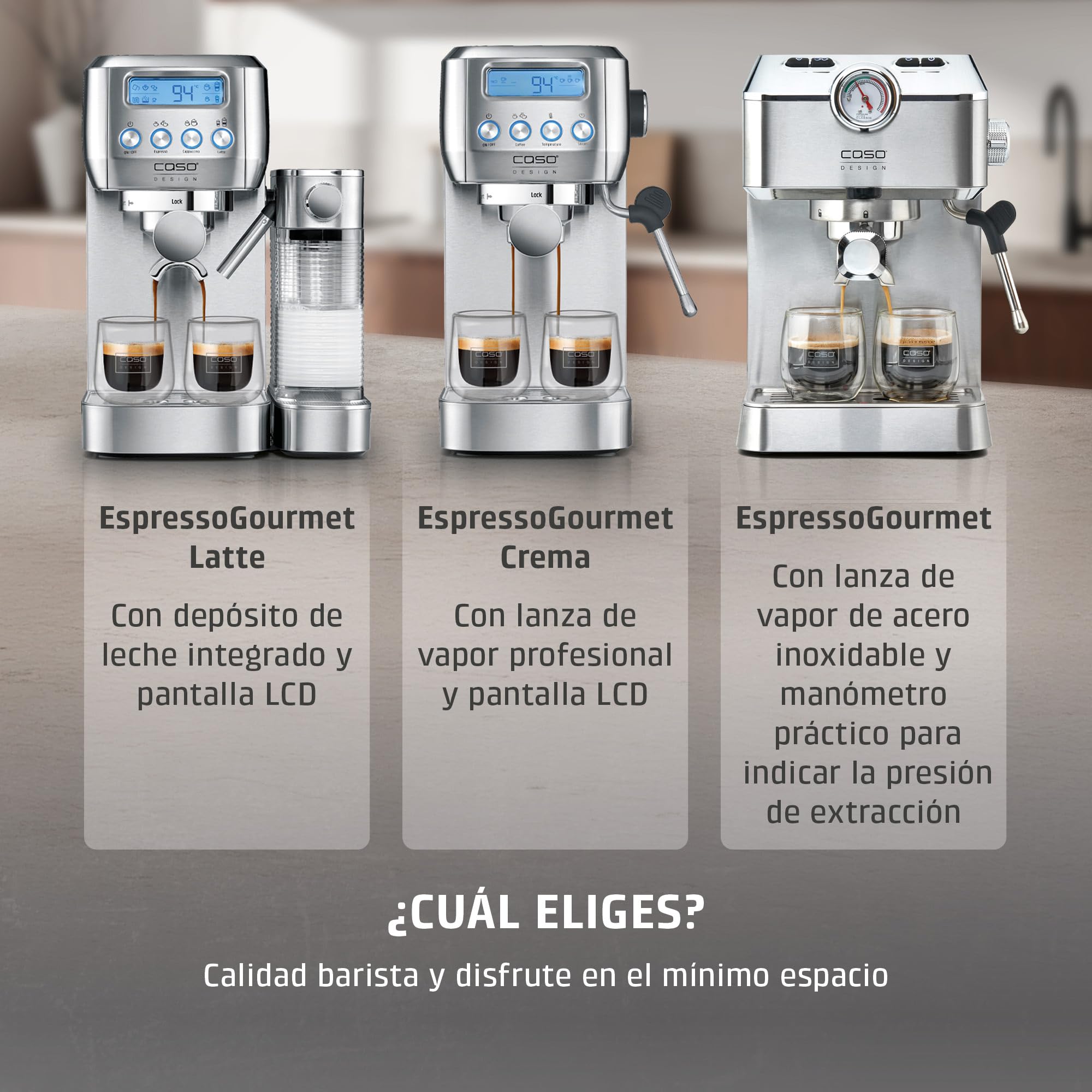 Caso Espresso Gourmet Crema - Cafetera Espresso con 1350W, bomba ULKA de 20 bares, Tiempo de calentamiento de 12 segundos, Brazo Doble Salida, Vaporizador, Superficie Calientatazas - Plata