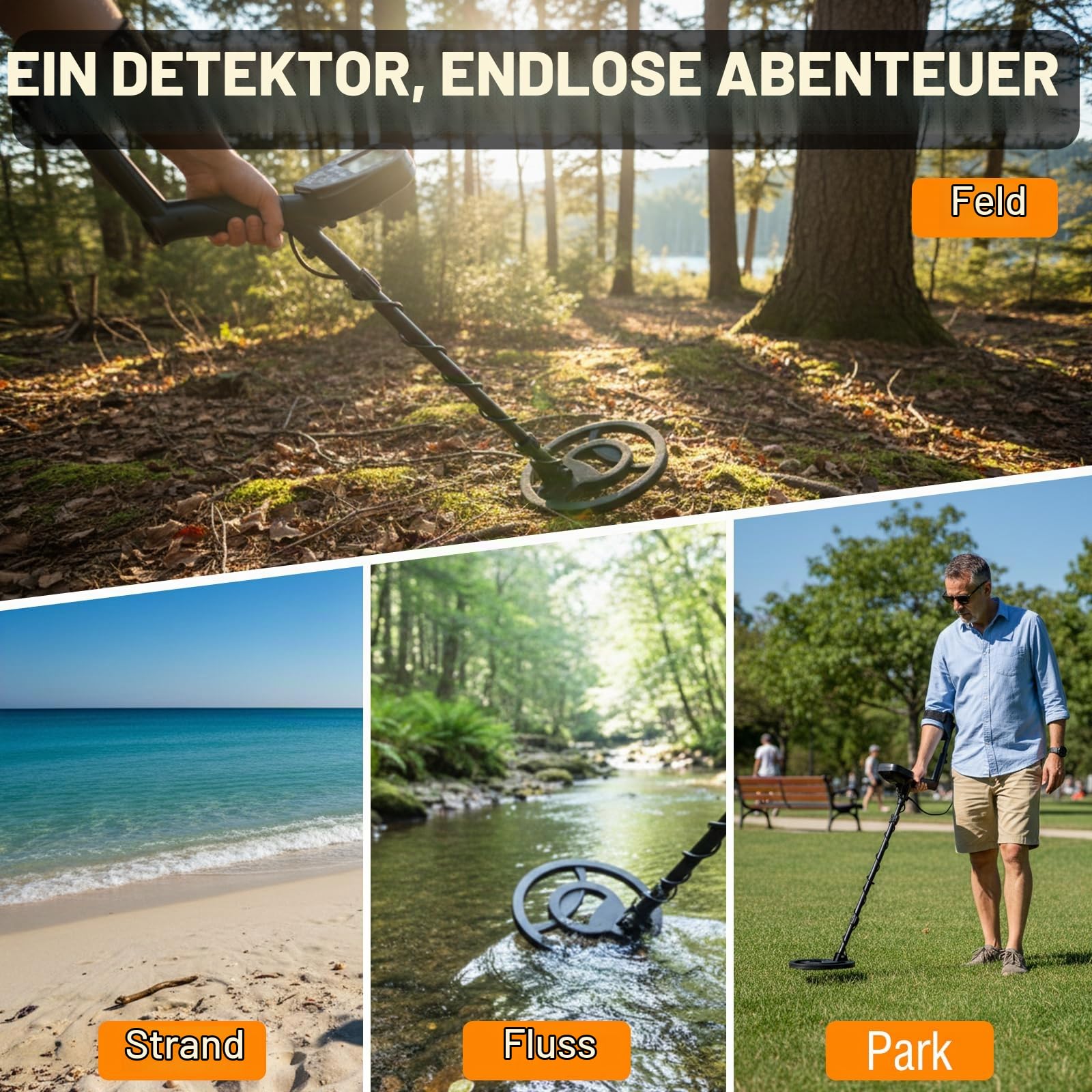 Raddy MD120A Profi-Metalldetektor für Erwachsene, Hochpräziser 4 Modi Gold Detektor mit 10" IPX7 wasserdichte Suchspule, LCD-Display, Kopfhörer, Tasche & Schaufel für Schatzsuche