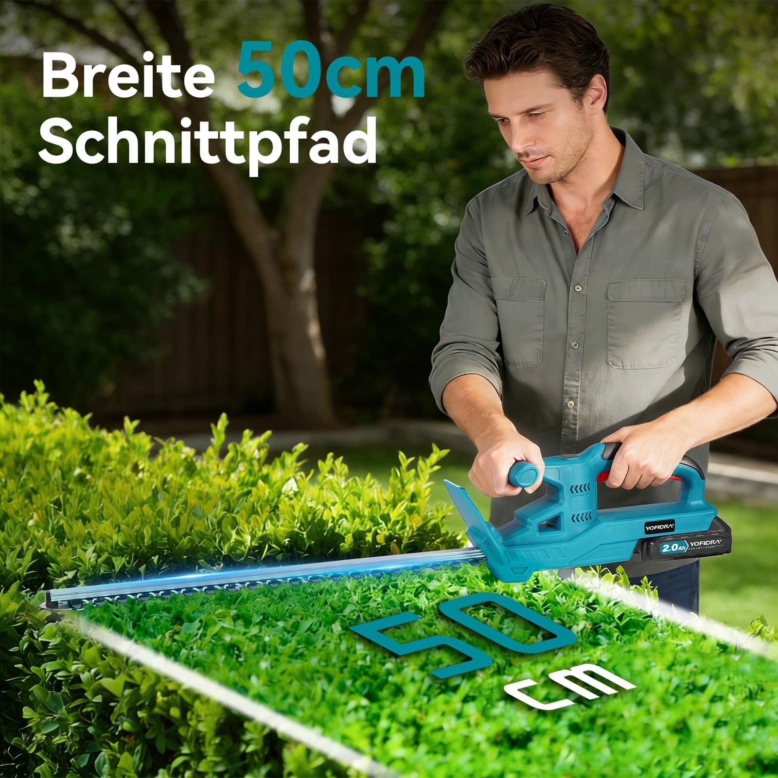 Yofidra Heckenschere Akku, 50cm Dual Schnittklingen Schnittlänge | Elektrische Heckenschere mit 2 x 2000mAh Akku & Ladegerät, 15mm Zahnabstand, Leichte Elektro-Heckenschere mit Schutzhülle