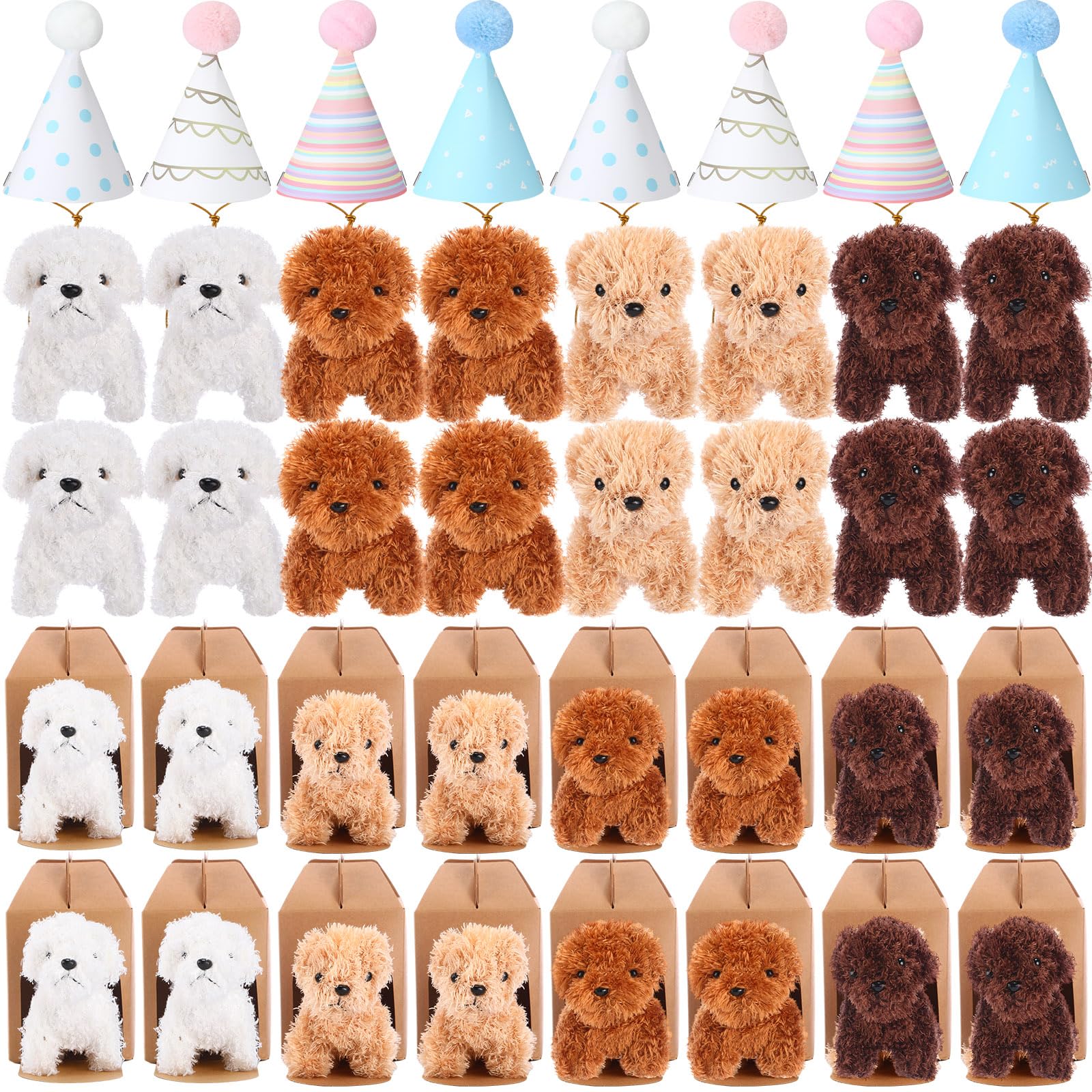 20 Pcs Mini Stuffed Animals Plush Toy Set Includes 20 Birthday Hats 20 Kraft Paper Boxes for Boys and Girls Animal Theme Birthday Party Supplies Favors Gifts (Light Brown)