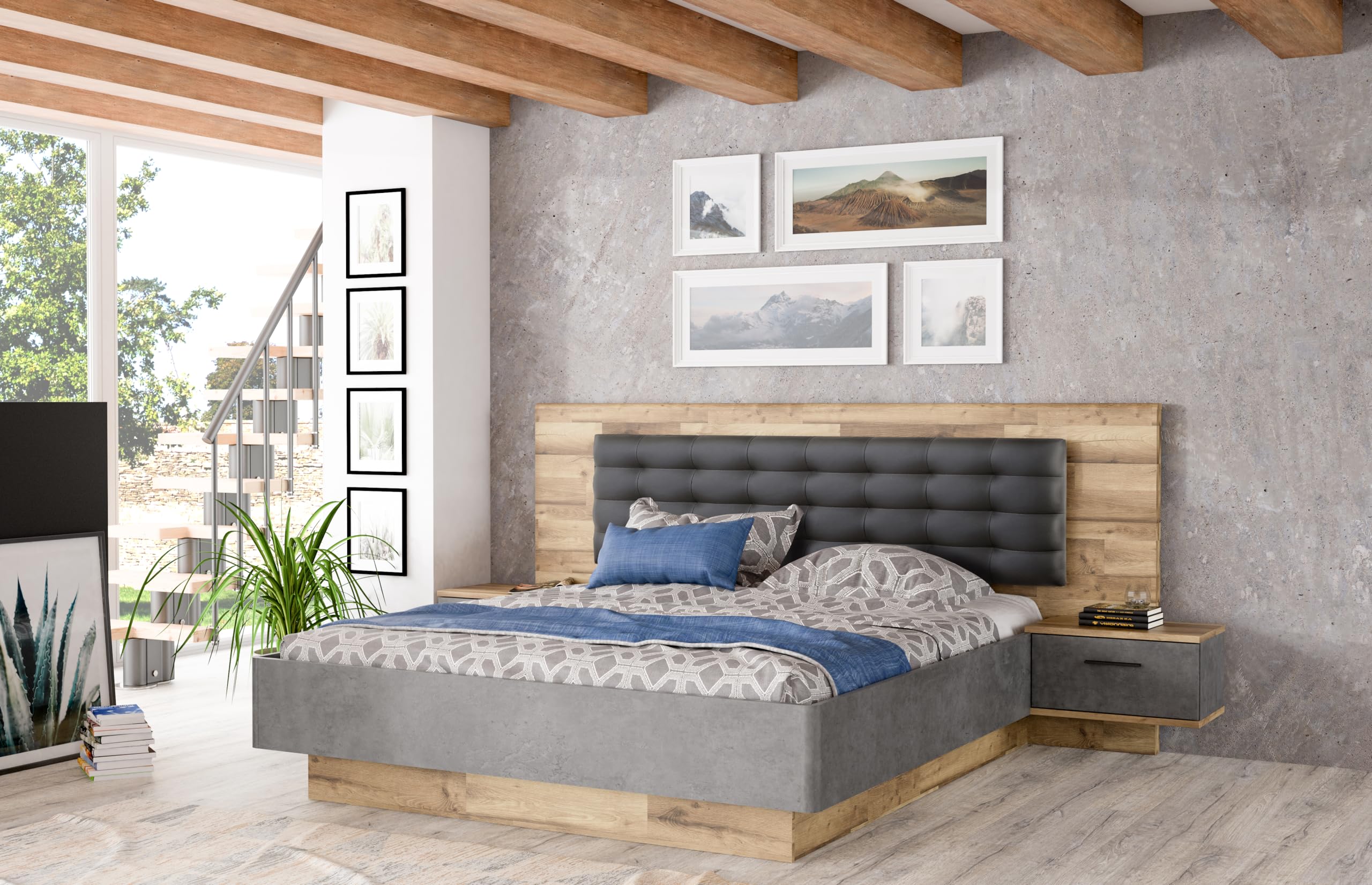Forte RICCIANO Bett 300, Bett + 2 Nachtkommoden mit 2 Schubladen, Holzwerkstoff, Stabeiche Holzdekor/Betonoptik dunkelgrau, 296,5 cm breit x 120 cm hoch x 209,9 cm tief