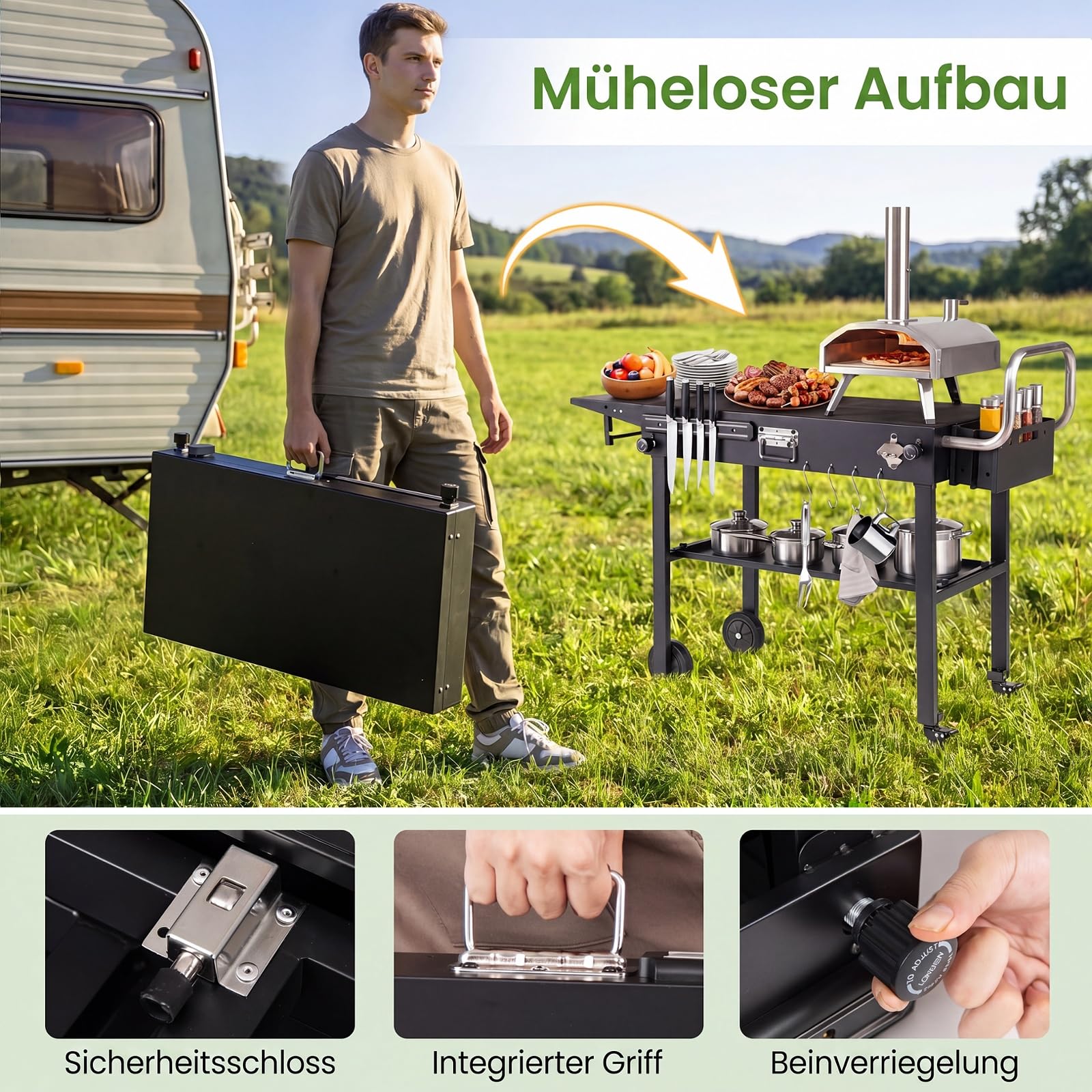 COSTWAY Grillwagen Outdoor, Grilltisch klappbar, Pizzatisch mit Seitentisch | Servierwagen Metall mit Rollen, Arbeitsfläche, Haken, Grill Beistelltisch wetterfest, für BBQ Partys Garten, 118 x 43 x 88 cm