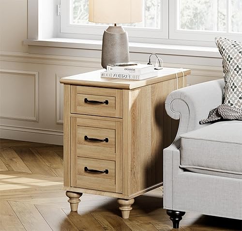 Miniatura 33 de WAMPAT Mesa auxiliar con estación de carga, mesa auxiliar de madera con cajón y armario de almacenamiento, mesa auxiliar moderna con tomas de