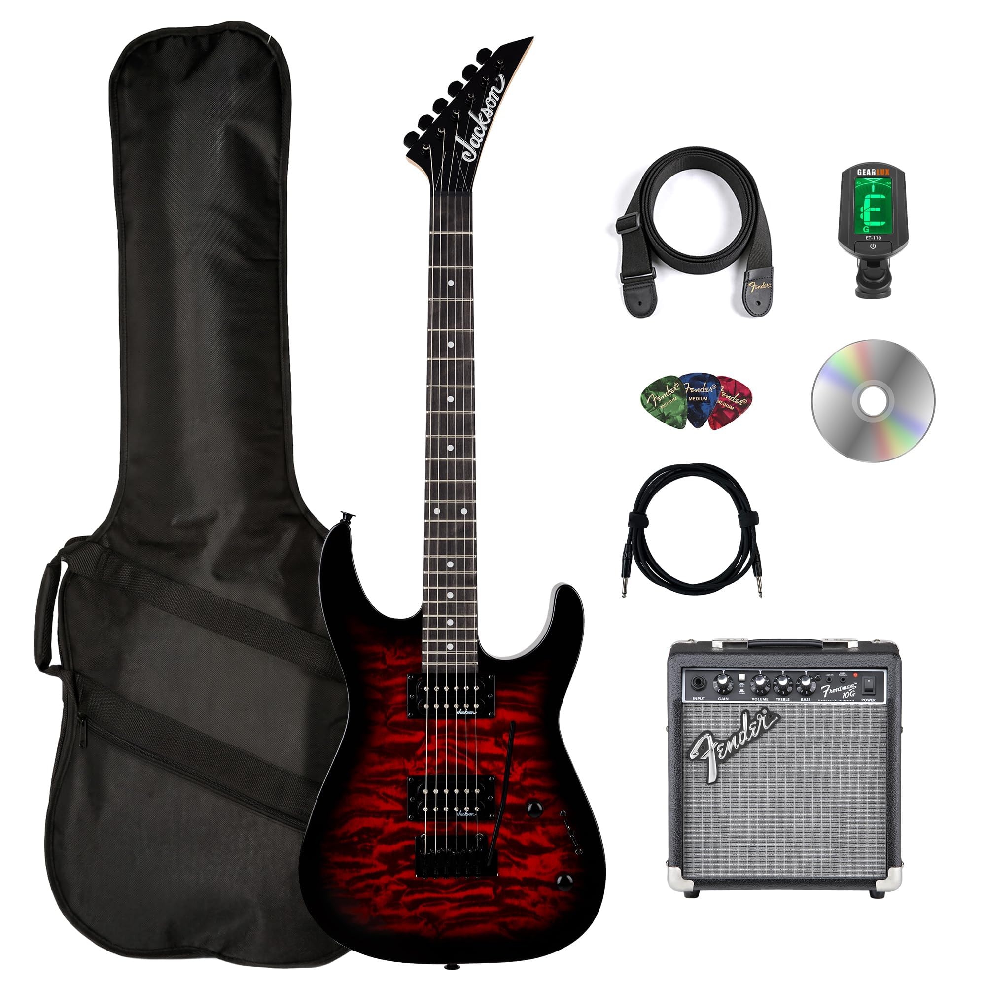 Jackson JS Series Dinky JS11Q Electric Guitar - Transparent Red Bundle with Frontman 10G Amplifier, Gig Bag, Tuner, Strap, Cable, Picks, and Austin Bazaar Instructional DVD