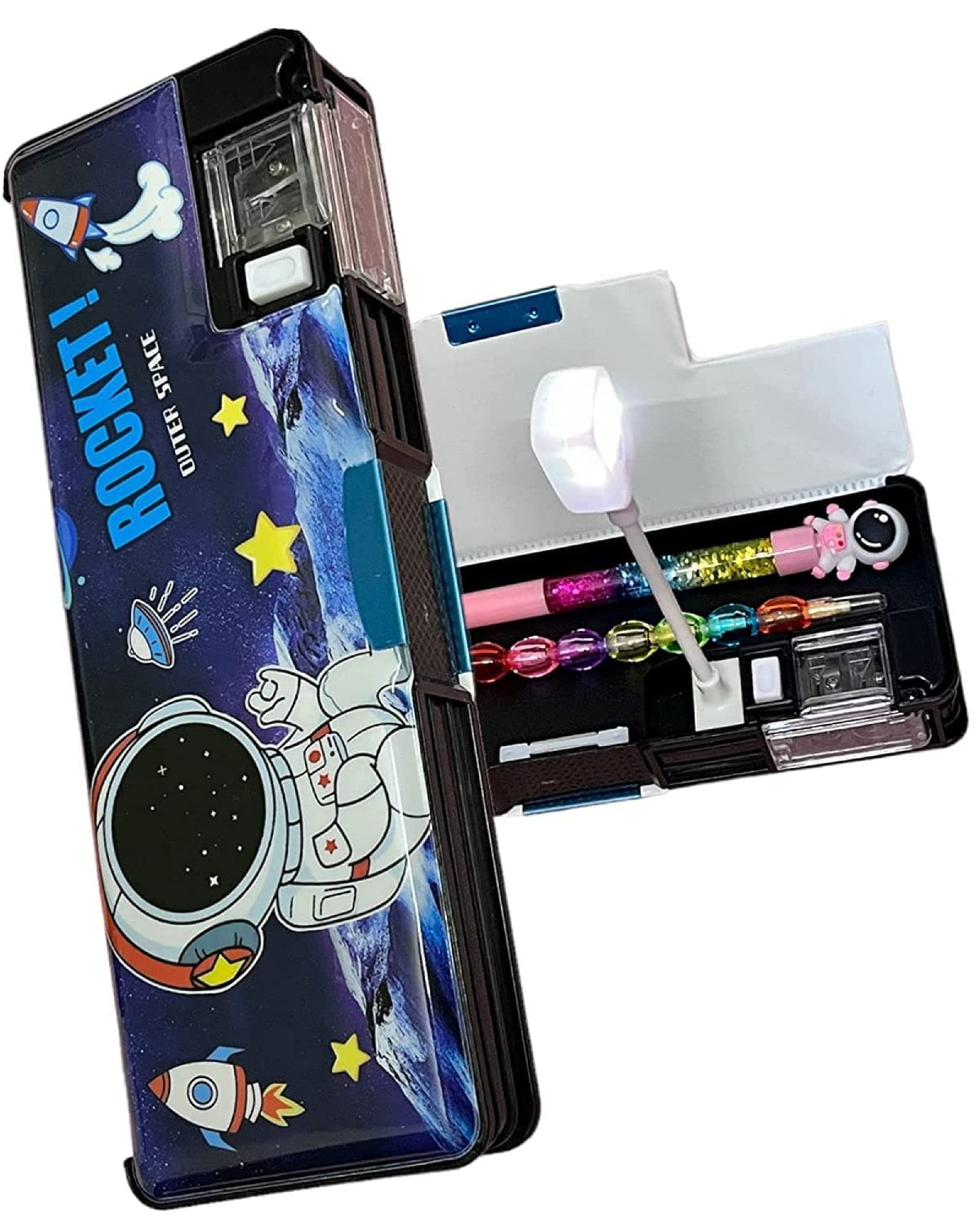 Solander Cute Stylish Geometry Magnetic Lock Closure Box LED Torch Light lamp, Pen & Pencil I Astronaut Rocket Theme Stationary Organizer School Stationary for Girls, Boys Kids