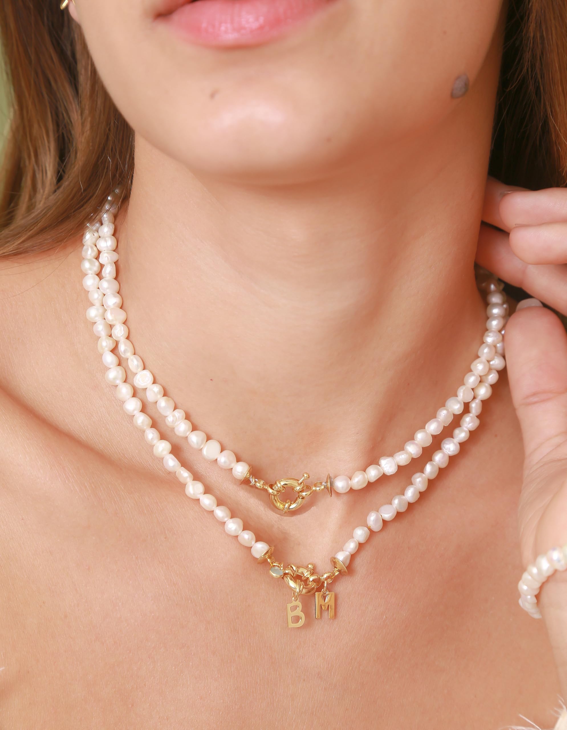 Collar Marinera Pearls Plata, cadena de perlas de río, cierre resort/reasa/marinera en Plata de ley 925, hand made, regalo, regalo para mujer. (Oro Blanco 18k, Collar 45cms)