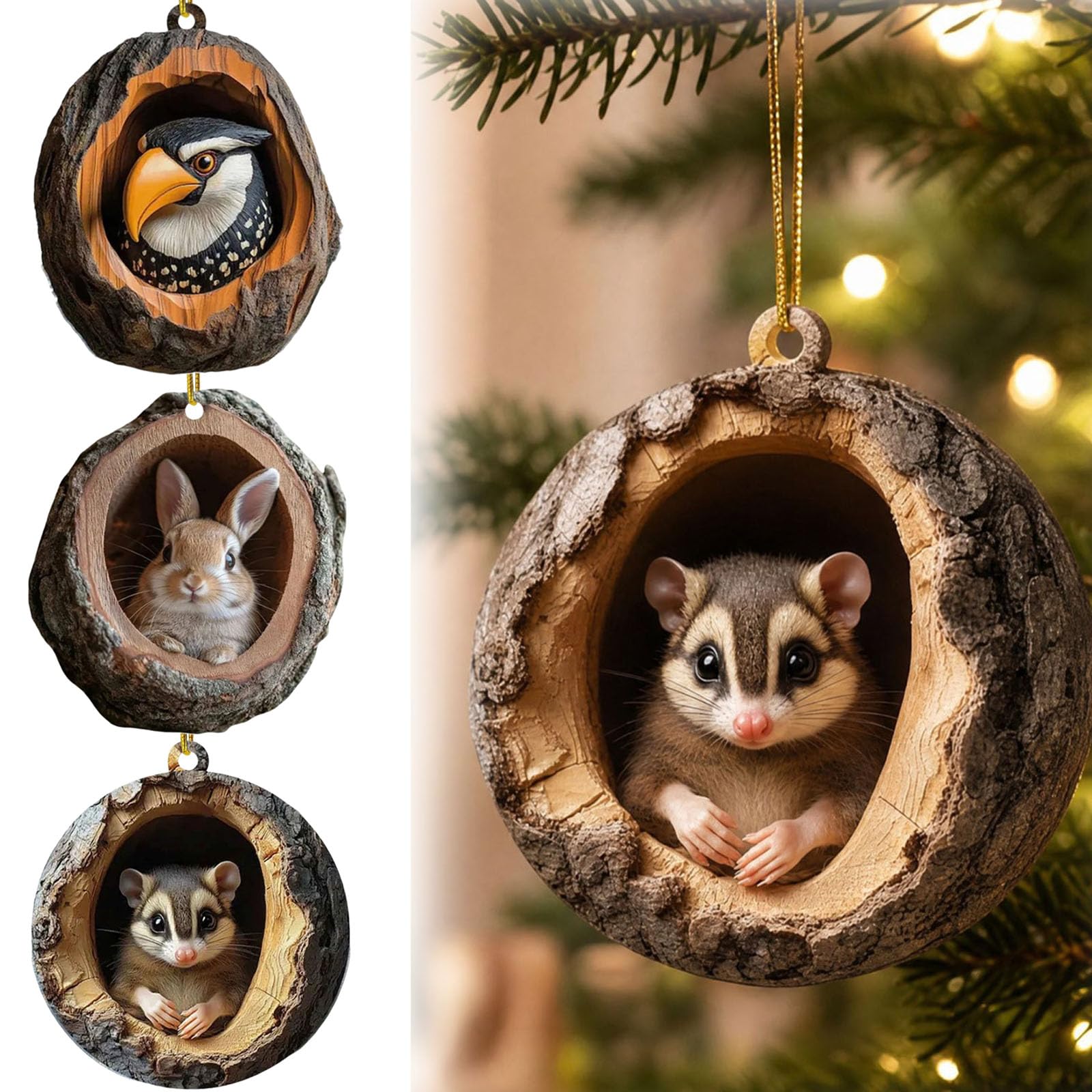 Waldtiere Eicheln Ornamente, 3D Harz Christbaumschmuck mit Tannenzapfen，3PC