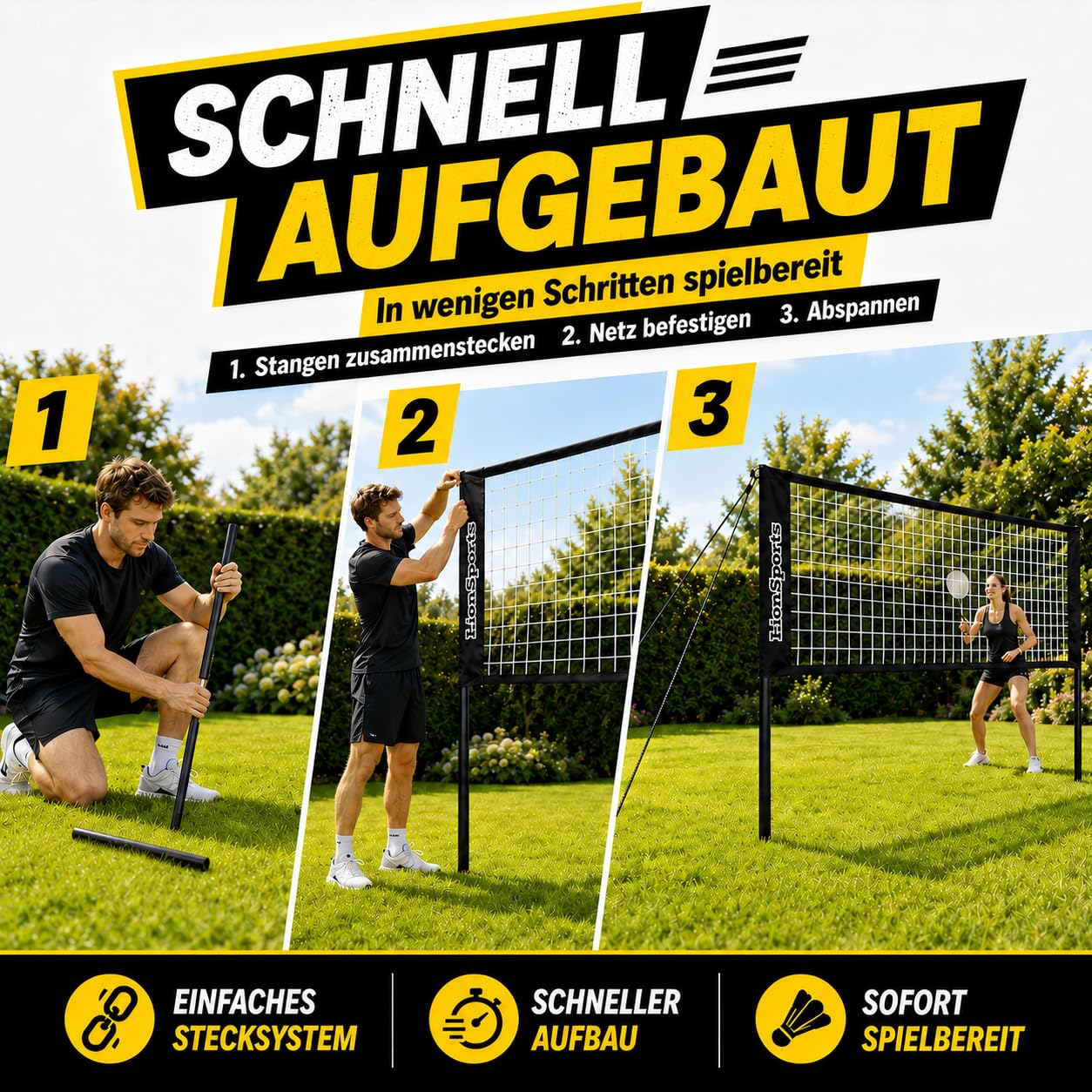 Mobiles universal Profi Netz – Badmintonnetz, Tennisnetz, Volleyballnetz – Höhenverstellbar – aus stabiles pulverbeschichtetes Gestell – mit Transporttasche – Perfekt für alle Outdoorspiele