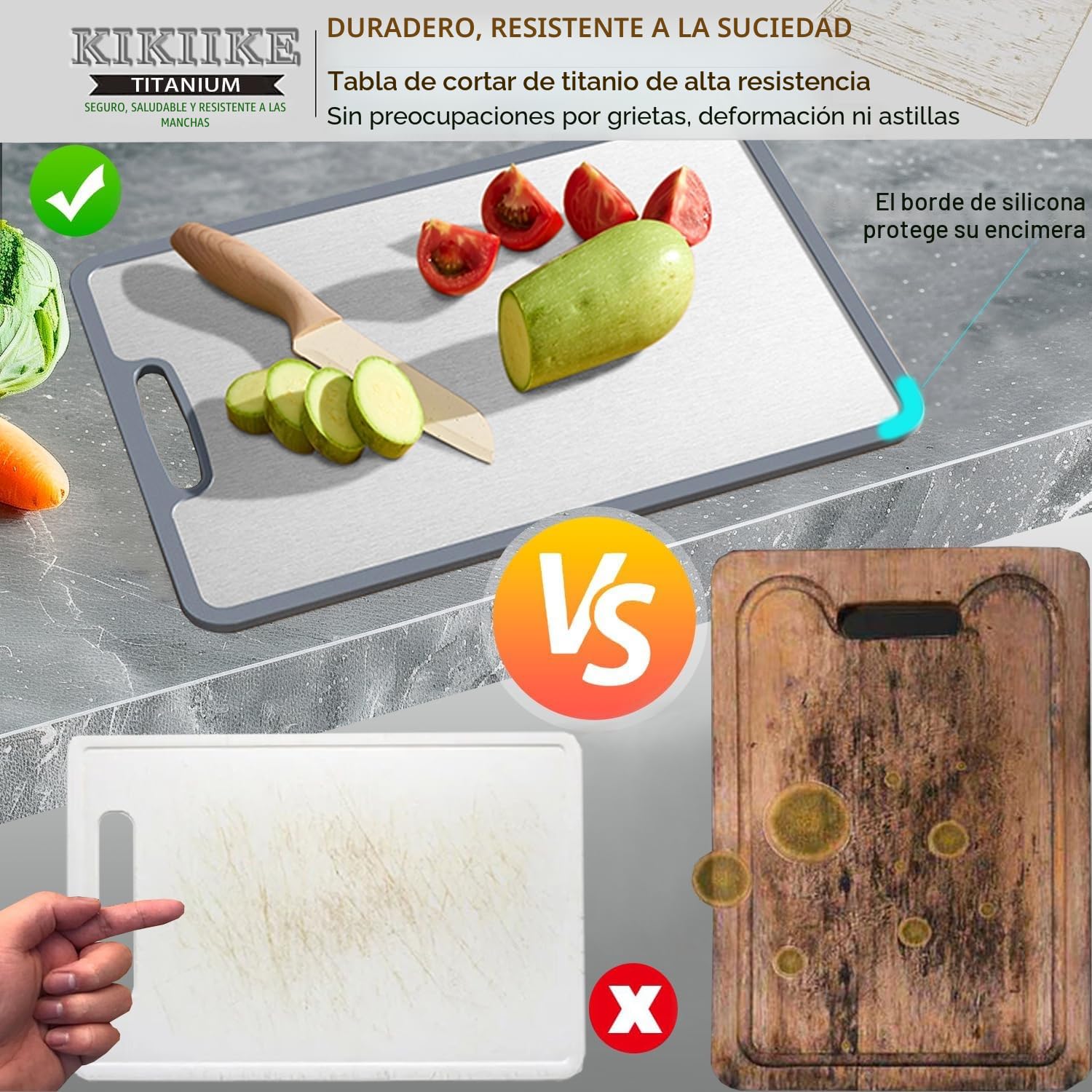 Tabla de cortar de titanio con bordes de silicona antideslizante de doble cara para cocina, antiadherente, duradera y fácil de limpiar (3 piezas S/M, grado alimenticio)