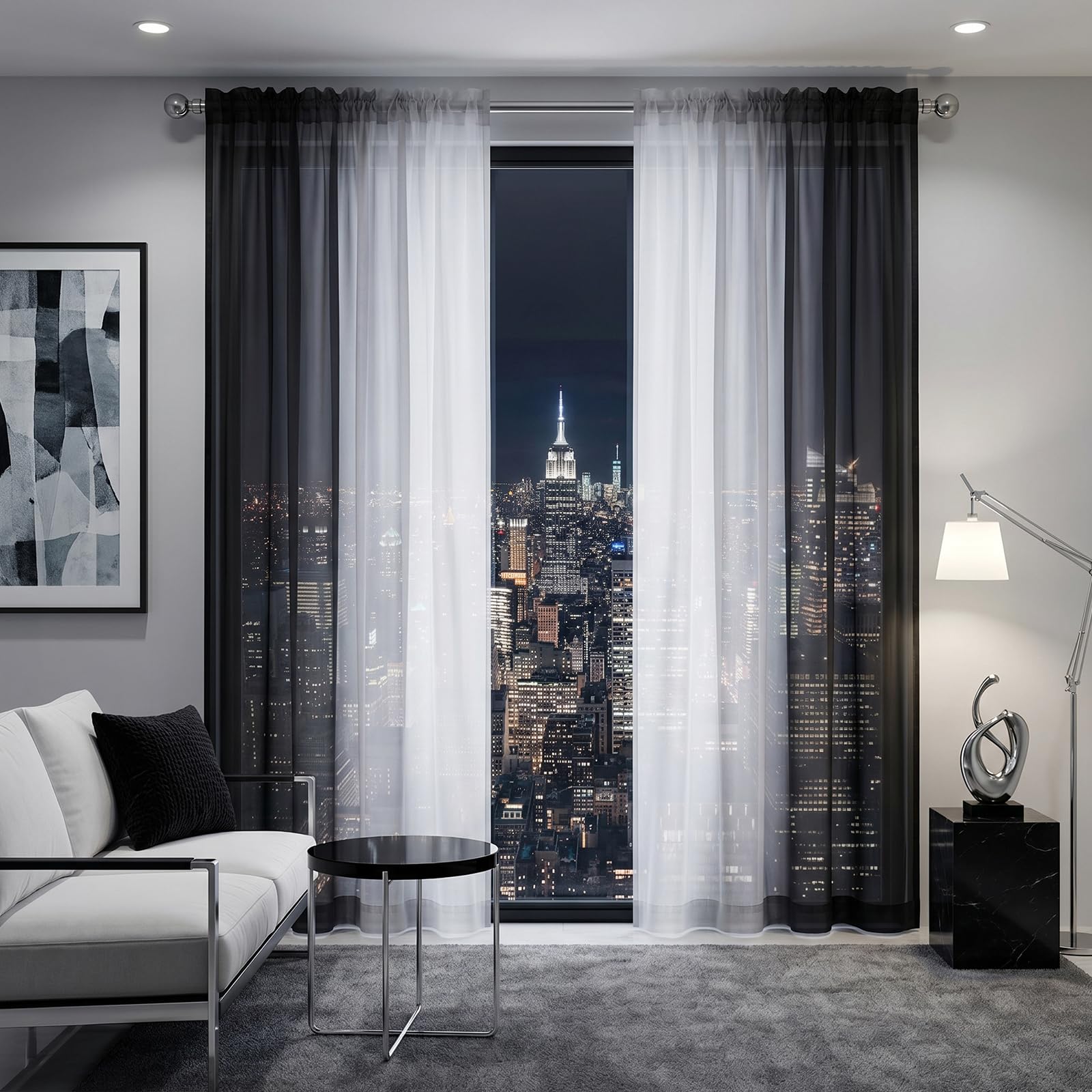 Melodieux Visillos Cortinas Transparentes Degradadas 2 Piezas, 140x260cm Negro/Blanco