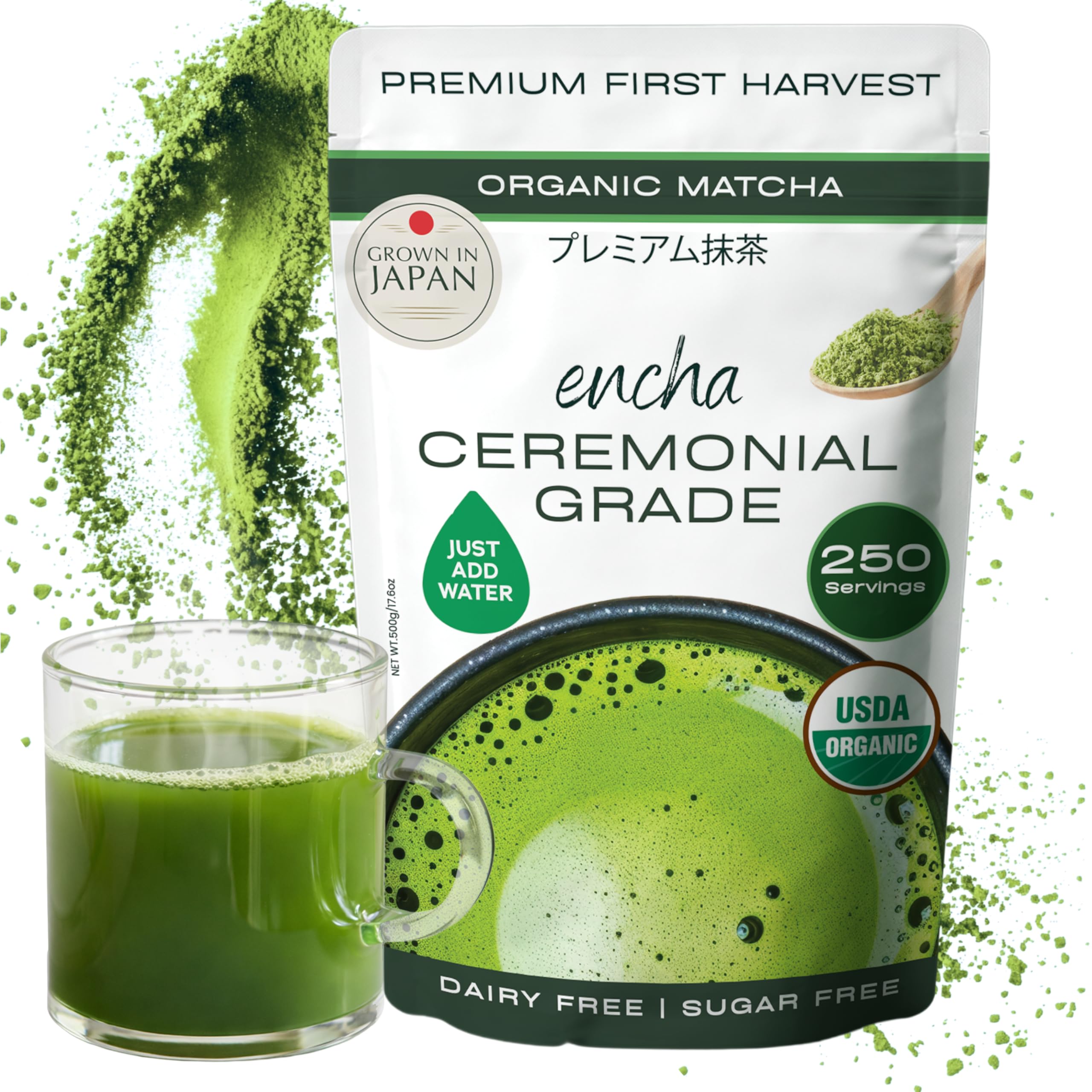 Encha Matcha - Ceremonial Grade Matcha Powder, Organic First Harvest Japanese Green Tea Powder, Tea From Uji, Japan (500g/1.1 lbs)