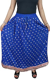Mogul Interior Lola Womens Maxi Skirt Flare Printed Vintage A-Line Golden Boder Boho Long Maxi Skirts S/M/L (Blue 1)