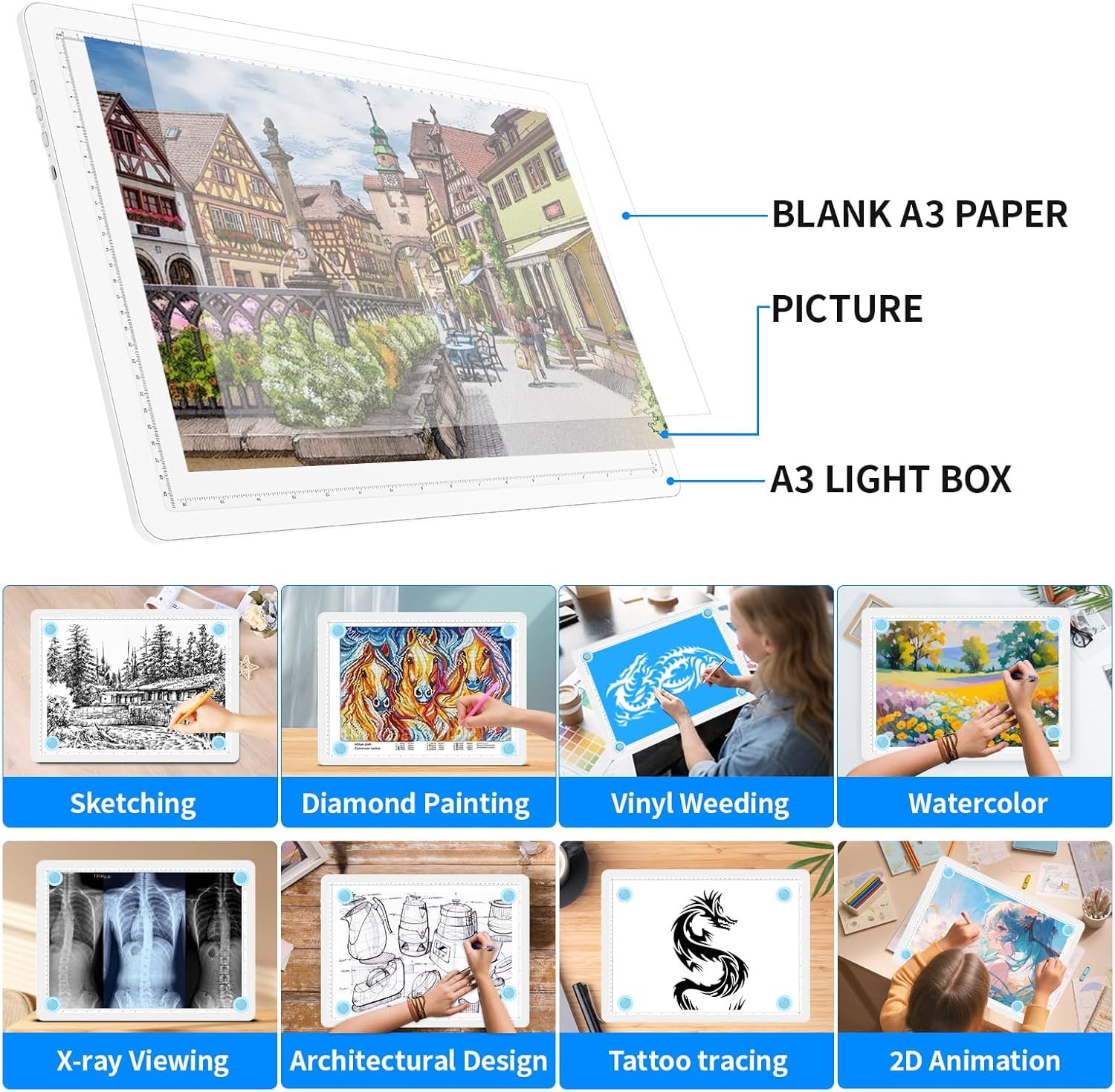 Heanolier Rechargeable A3 Light Box Drawing Pad,5600 Lux Bright Magnetic Tracing Board,Dimmable Light Pad,3 color modes,light board for Diamond painting,light table for Drawing Sketching,Tattoo(White)