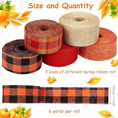 Miniatura 2 de Waydress 5 rollos de cinta de arpillera de otoño de 30 yardas de 1 pulgada, rollos de cuadros de Acción de Gracias y otoño para decoración de