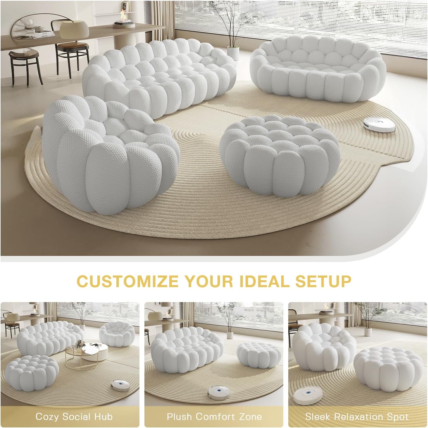 Bubble Sofa Couch,79.53'' Modern Curved Sofas for Living Room, 2 Seater LoveSofa Lazy Floor Sofa, Large Bean Bag Chair,Deep Seat Floor Sofas Chair Lounge for Office, Apartment,Light Gray 79.53"D Light Grey