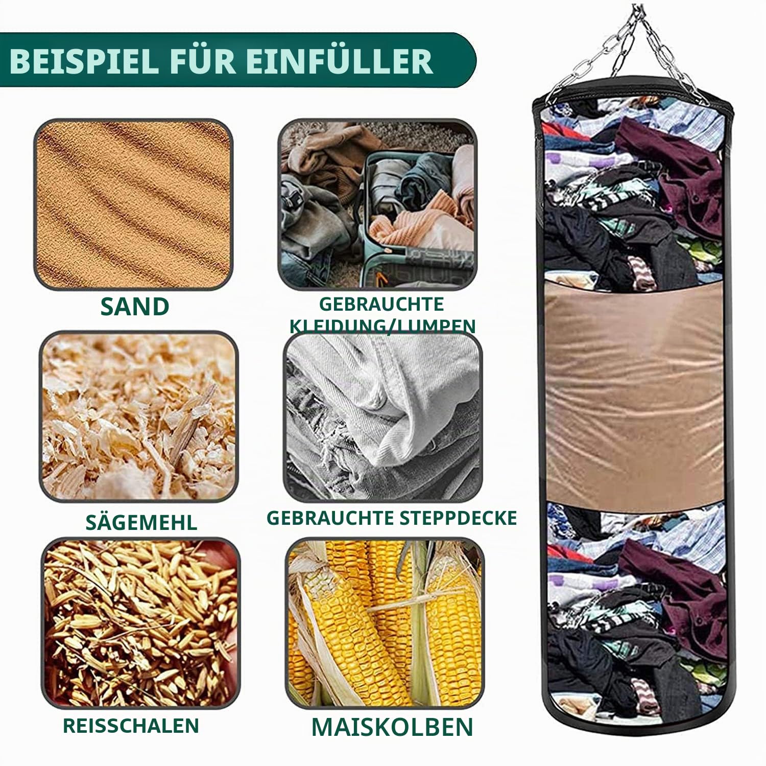 Schwerer Boxsack für Erwachsene Jugendliche Kinder mit Indoor/Garten Boxsack Ungefüllter Boxsack Set mit Boxhandschuhen, Wraps, Kette, Deckenhaken für MMA, Kickboxen, Muay Thai, Karate, Taekwondo