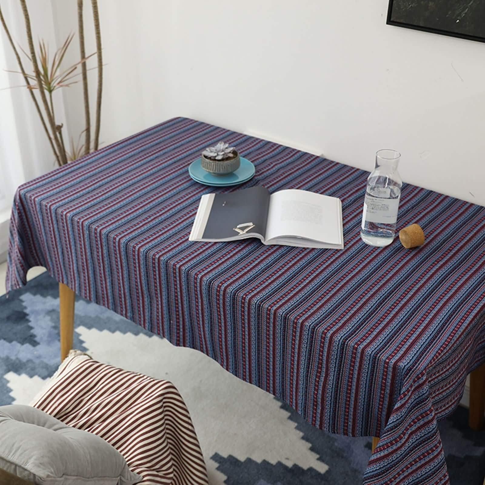 Mantel Antimanchas y Lavable Rectangular Azul Púrpura Mesa, Rayas, de Algodón Lavable, 145 x 220 cm, Mantel para Mesa de Centro