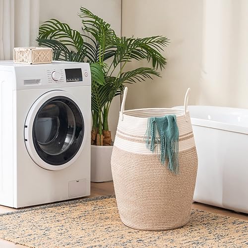 Miniatura 10 de Cesta de lavandería tejida extra grande de 105 litros con asas de cuerda de algodón resistentes para ropa y juguetes en dormitorio, cuarto de bebé,