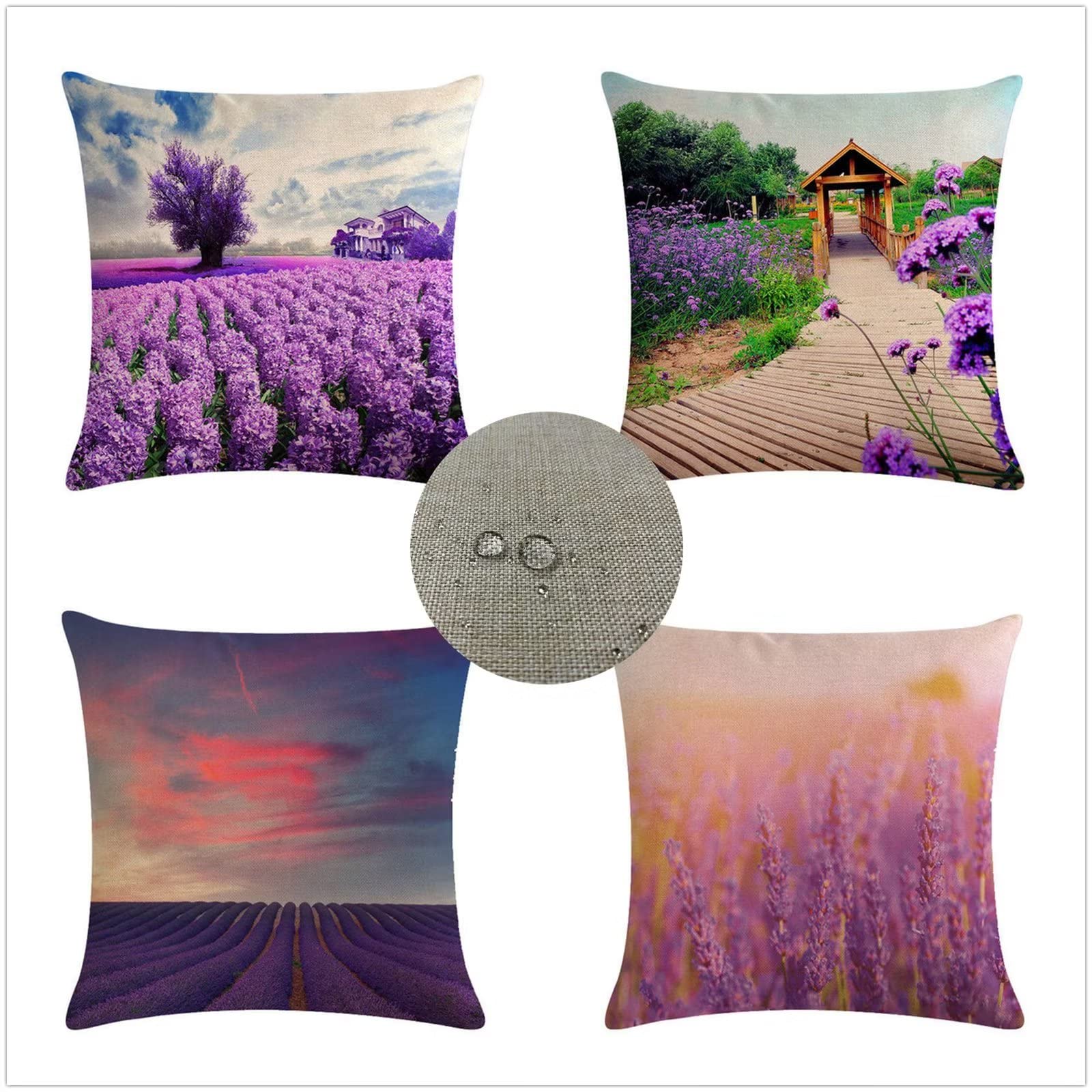 Federe Cuscini Divano 45x45 Set di 4 Cuscini per Divano impermeabile Lino Esterno Cuscini Decorativi Lavanda Motivo Cuscini Divano Soggiorno da Letto Estate giardino Copricuscino (Porpora) JW-8957