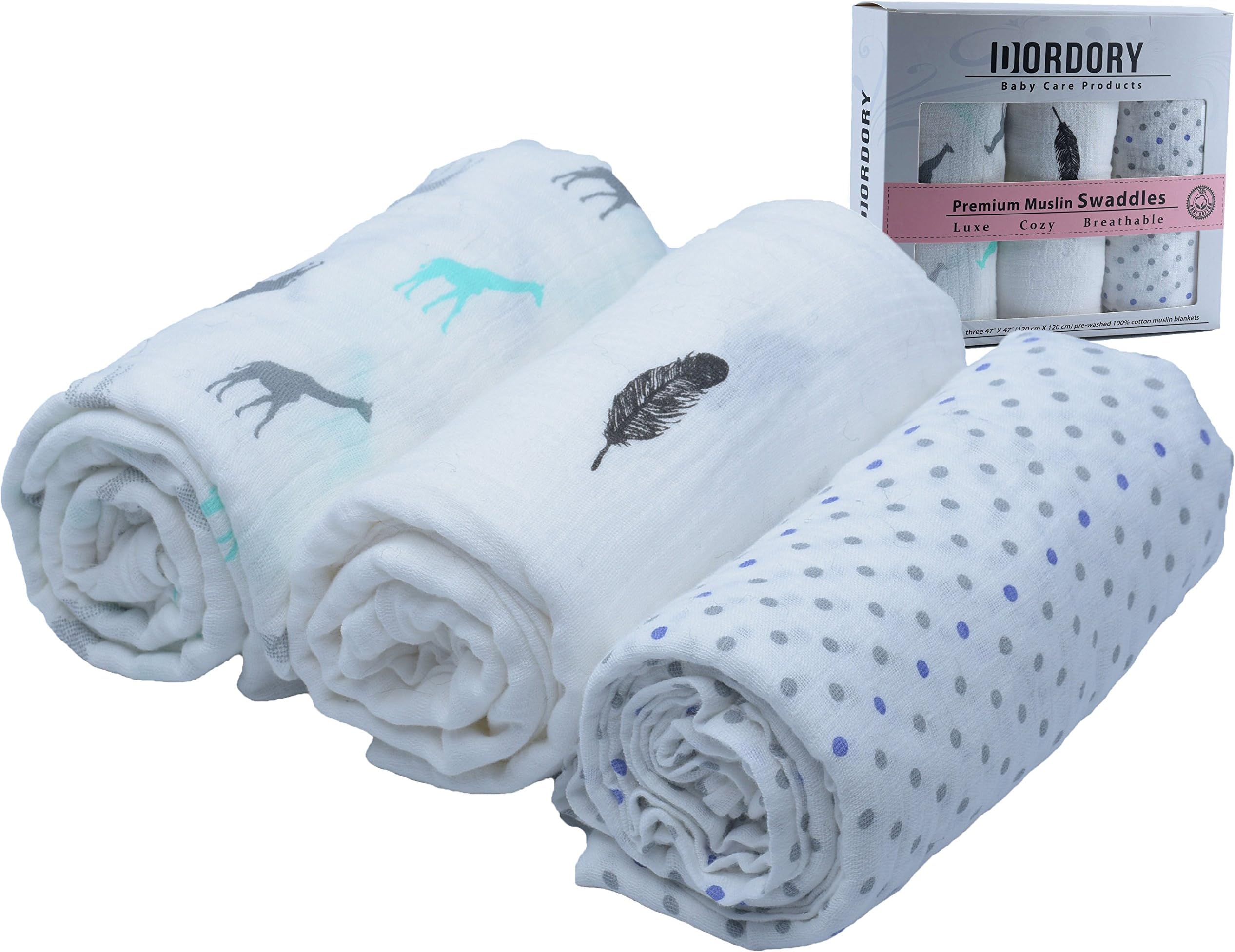 DORDORY 100% Premium Cotton Ultra Soft Breathable Muslin Swaddle Blankets White Grey Large 47x47 (Set of 3) - Nursery Receiving Blanket Car Seat Cover