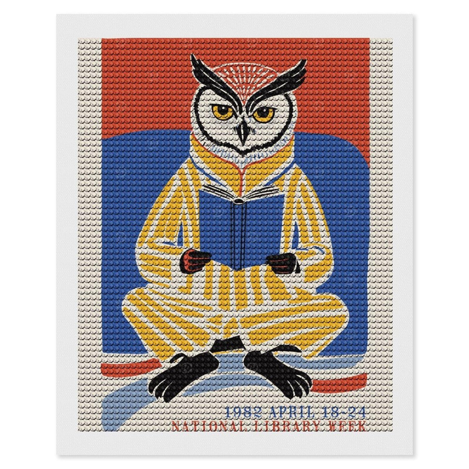 Junmoney National Library Week 1982 Owl Diamond Art Kit 16"x20", Neat Printed Canvas, Finish and Display, Relaxing DIY Hobby, Living Room Decor