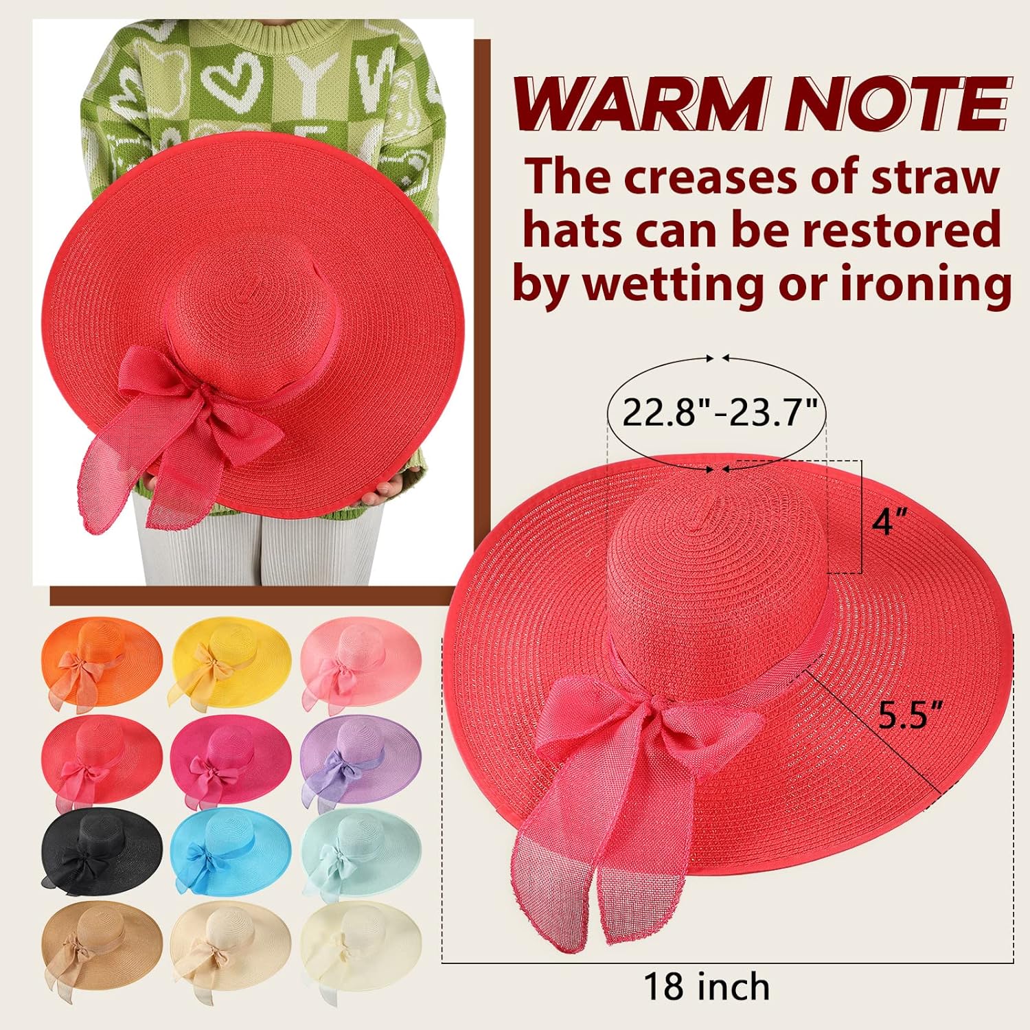 Tigeen 24 Pcs Sun Straw Hats for Women Bowknot Wide Brim Foldable Floppy Hat UPF 50+ Summer Beach Cap 12 Colors