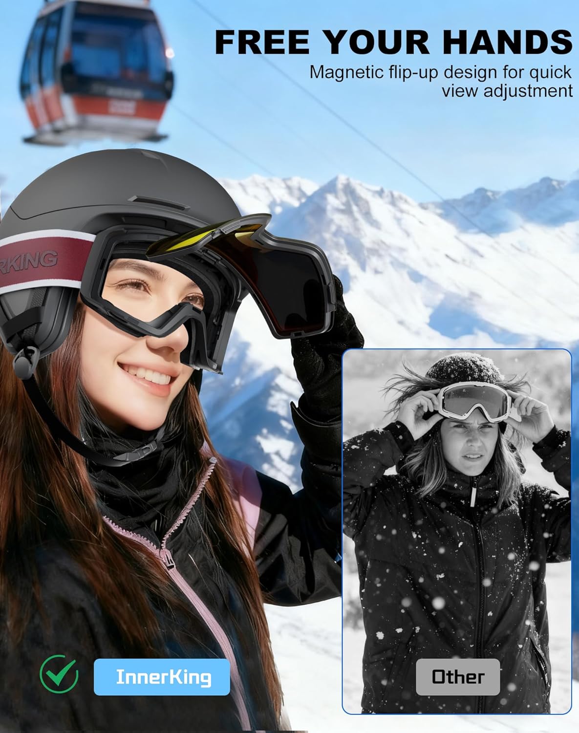 Innerking Photochromic Ski Goggles, Magnetic Flip-Up Snowboard Goggles, OTG Anti-Fog Lens, UV400 Protection Snow Goggles