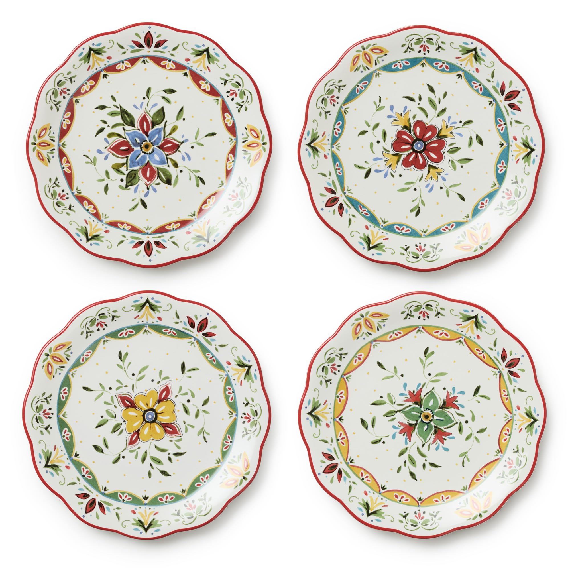Provence 9" Salad Plates Set of 4 – Assorted French Country Designs – Durable Ceramic Plates with Printed Hand-Painted Look – Rustic Farmhouse Style for Appetizers, Desserts & More