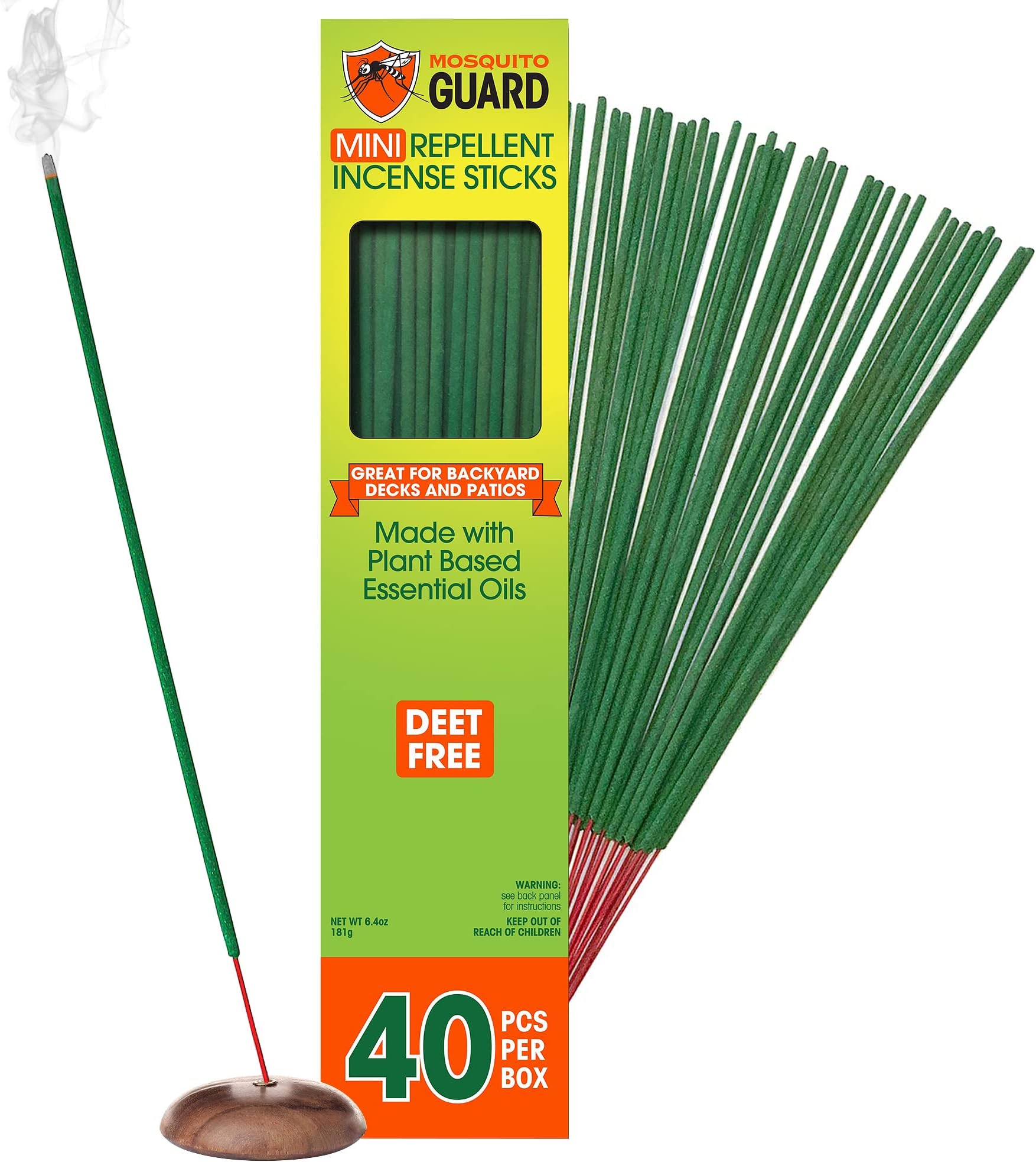Mosquito Guard 40 Repellent Sticks, DEET Free Plant-Based Outdoor Patio Incense Citronella Bug