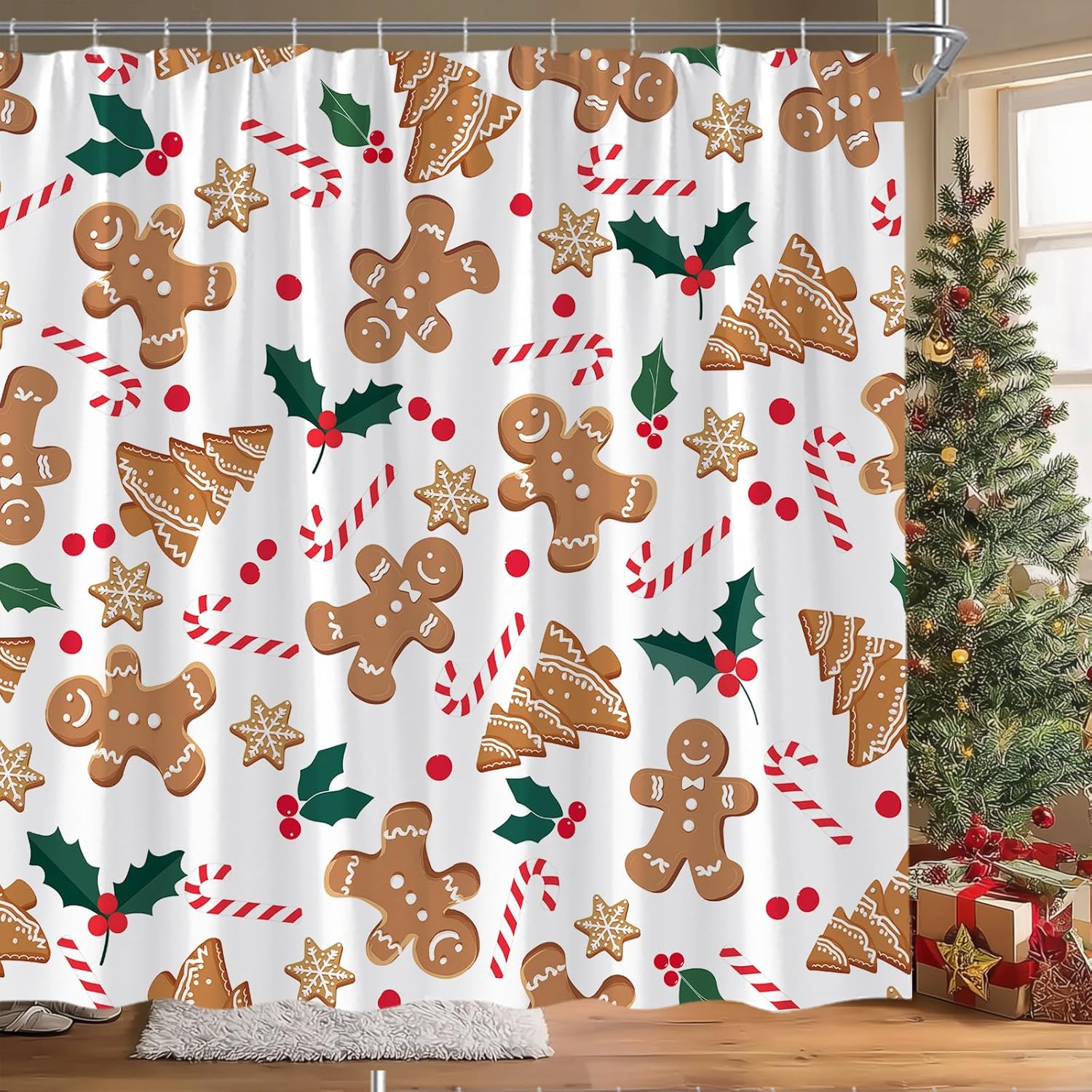 Gingerbread Shower Curtain Christmas Cute Candy Cane Berry Snowflake Winter Holiday Fabric Bathroom Home Decor with Hooks(70" Wx84 H)