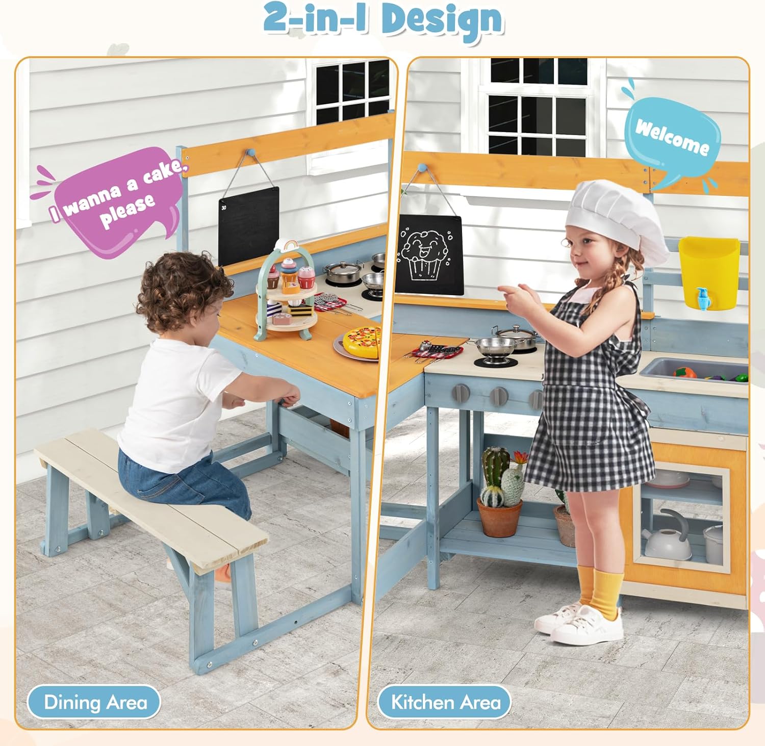 Costzon 2-in-1 Mud Kitchen & Kids Picnic Table, Fir Wood Kids Kitchen Playset with Seat, Wooden Tea Party Set, Cooking Accessories, Blackboard, Outdoor Play Kitchen, Gift for Girls Boys Ages 3+