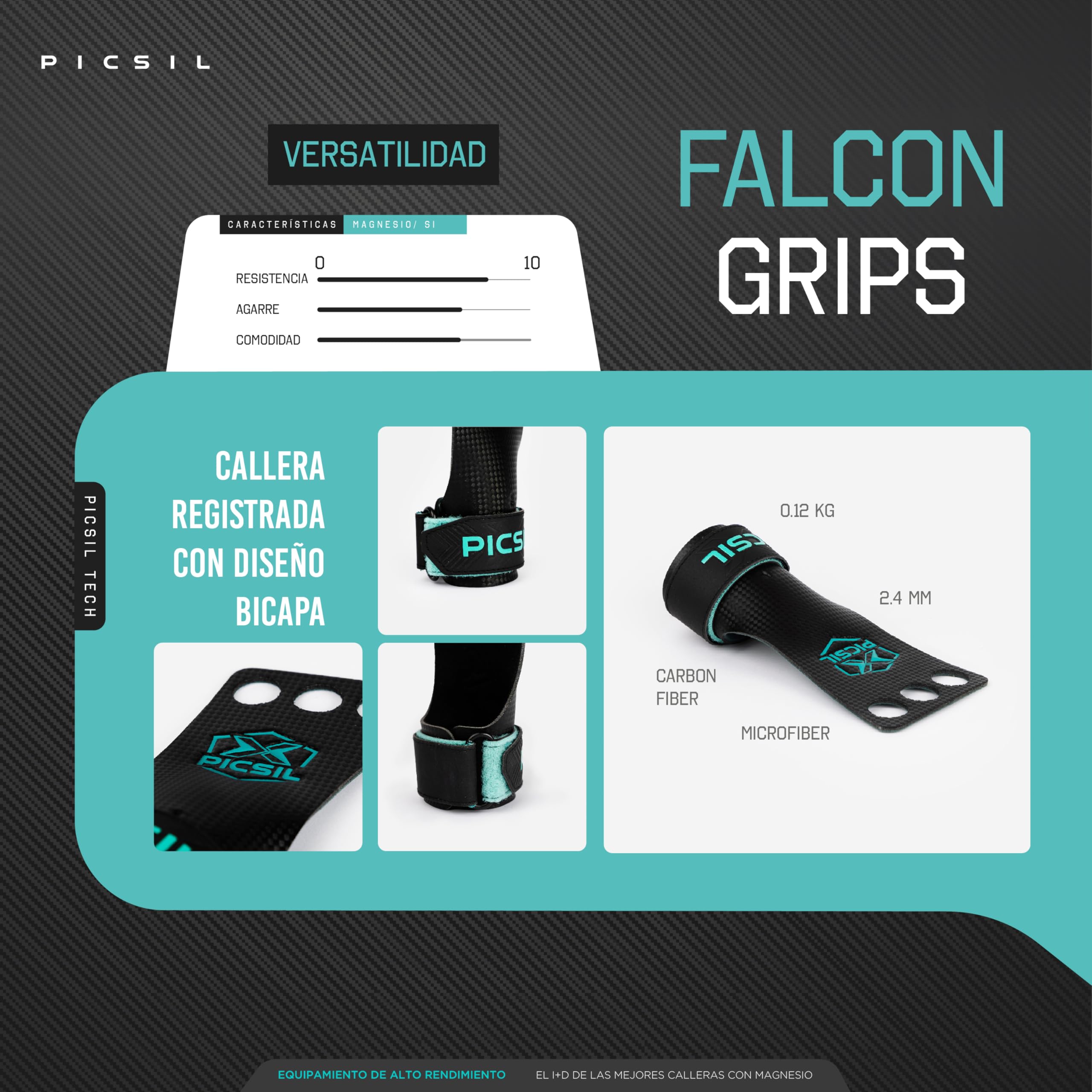 PICSIL Calleras Falcon para Cross Training, Material de Fibra de Carbono, Uso con Magnesio, Agarre en Todas Superficies y Tipo de Barras — view 4