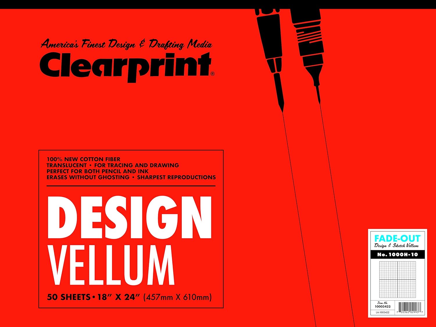 Clearprint 18" x 24" 1000H Design Vellum Pad with Printed Fade-Out 10x10 Grid, 16 lb., 100% Cotton, 50 Sheets, 1 Each