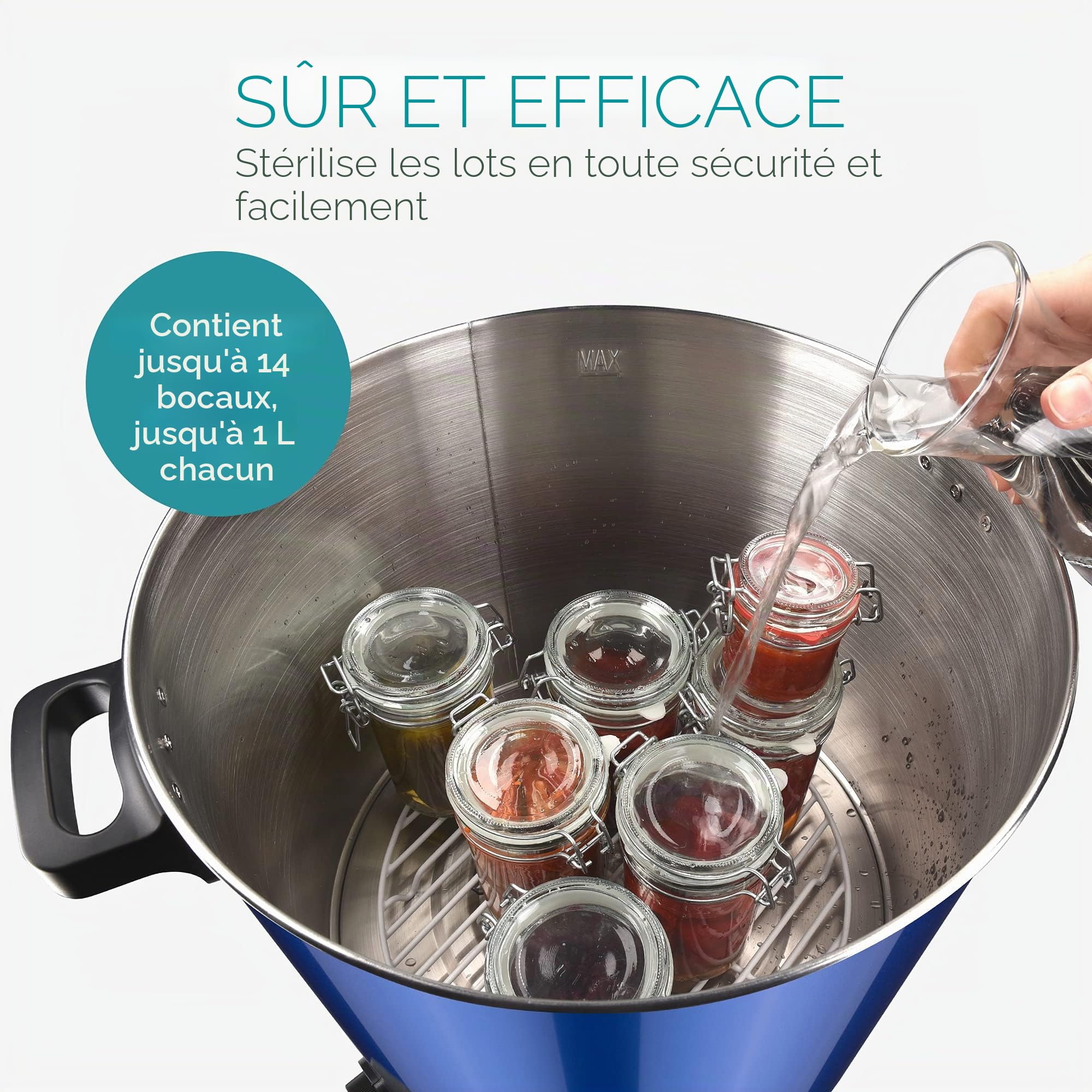 Navaris Stérilisateur à Bocaux Électrique - Machine à Vin Chaud 27L - Distributeur Boissons en Inox - Autocuiseur Minuteur - Bleu métallique