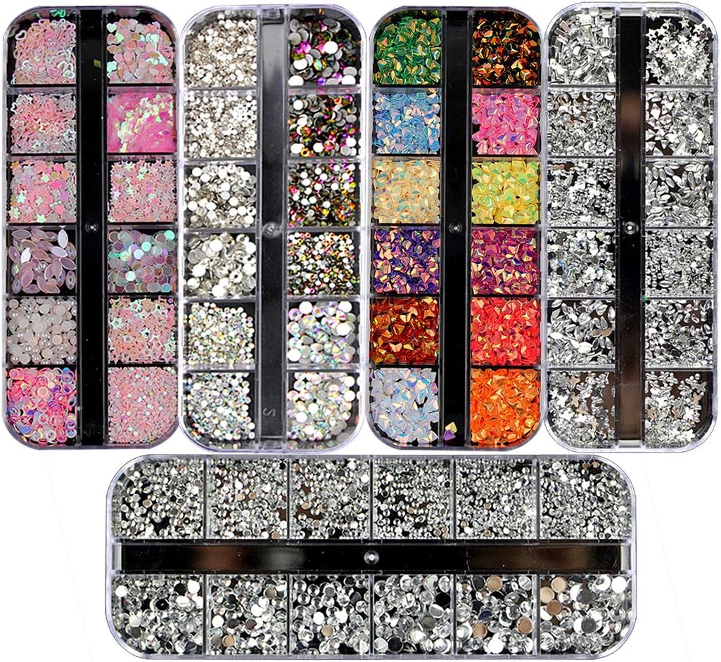 Ranvi3000 Pieces (5 Boxes) Nail Art Rhinestones Kit Nail Rhinestones with 1 Piece, Multicolor Nail Studs Horse Eye Rhinestones for Nail Art Decorations Supplies
