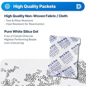 Dry & Dry 50 Gram [5 Packets] Silica Gel Packets Desiccants, Silica Packets - Rechargeable Moisture Absorbers for Food Storage, Electronics, 3D Filament & Safes
