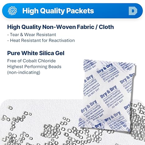 Dry & Dry 50 Gram [5 Packets] Silica Gel Packets Desiccants, Silica Packets - Rechargeable Moisture Absorbers for Food Storage, Electronics, 3D Filament & Safes