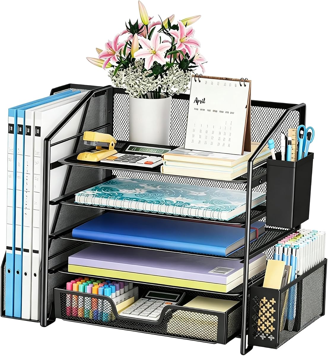 Organizador de archivos de escritorio de 5 niveles, organizador de papel, negro | Bandejas de letras ajustables, portaplumas y estante para archivos, malla de acero duradera, ahorro de espacio, para la oficina en casa, 17,5"de largo x 9" de ancho x 13"de alto