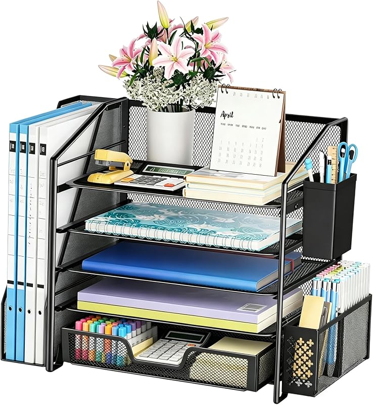 5-Tier Desk File Organizer, Paper Organizer, Black | Adjustable Letter Trays, Pen Holder & File Shelf, Durable Steel Mesh, Space Saving, for Home Office, 17.5"L x 9"W x 13"H