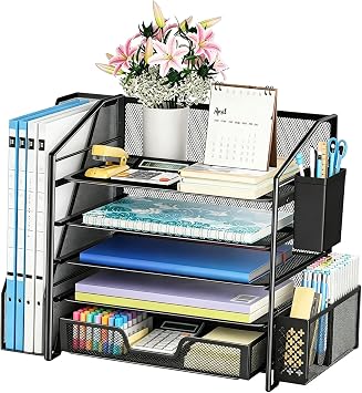 Simple Trending 5-Tier Desk File Organizer, Paper Organizer, Black | Adjustable Letter Trays, Pen Holder & File Shelf, Durable Steel Mesh, Space Saving, for Home Office, 17.5"L x 9"W x 13"H