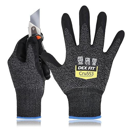 DEX FIT Level 5 Cut Resistant Gloves Cru553, 3D-Comfort Fit, Firm Grip, Thin & Lightweight, Touch-Screen Compatible, Durable, Breathable & Cool, Machine Washable; Black Grey XL (10) 1 Pair - Small (1 Pair) Blackgrey