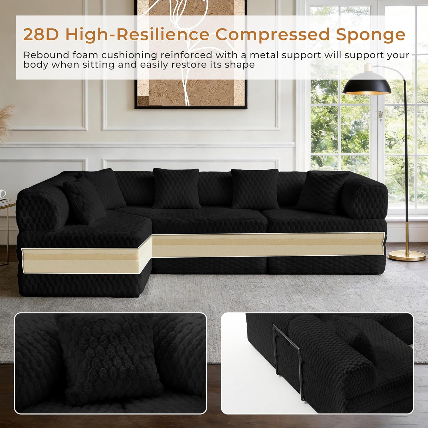 108" Modular Sectional Sofa, Futon Convertible Sofa Bed, Oversized Corduroy Boneless Couch, Floor Loveseat Sleeper with Pull Out Bed for Living Room, Free Combination, No Assembly Required, Black