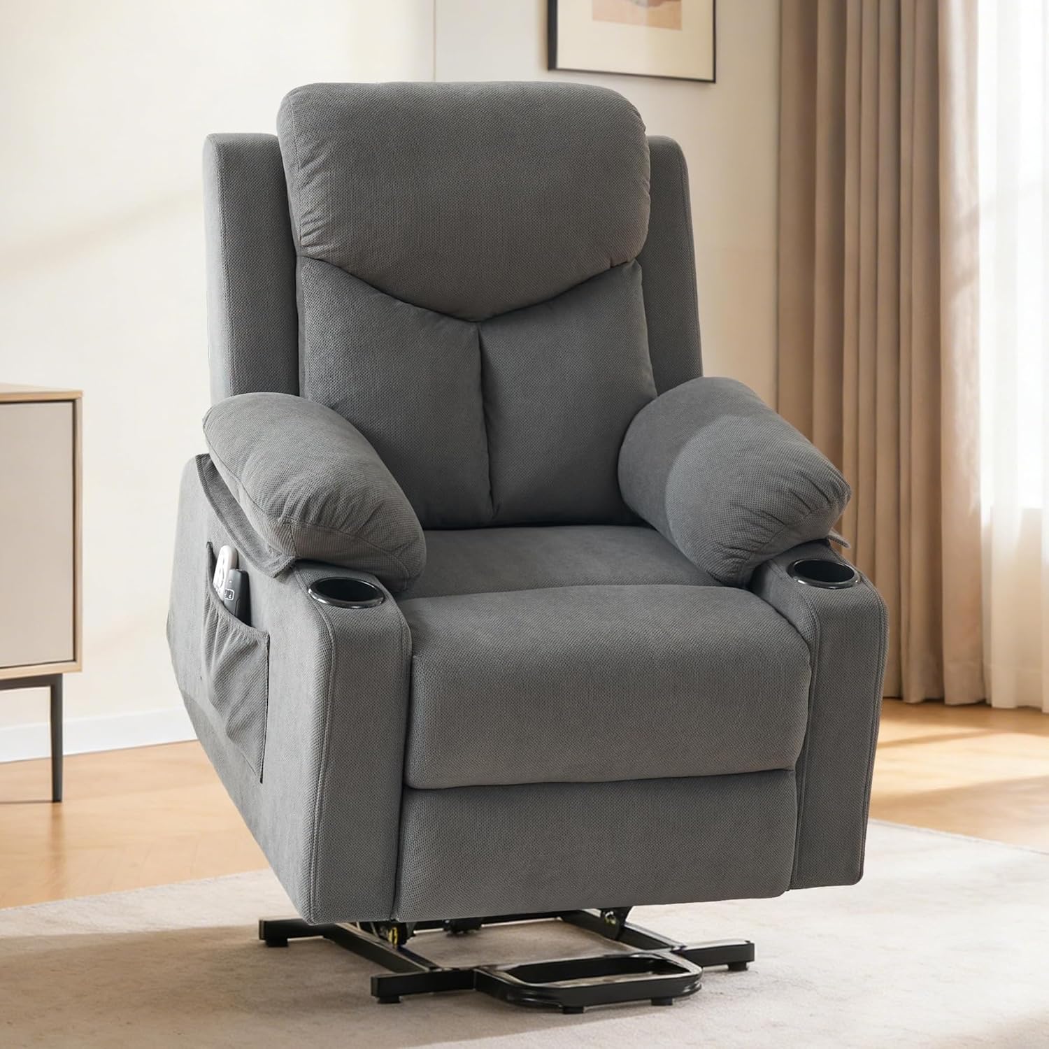 Living Room Electric Lift Chair with Massage and Heat for Elderly Power Lift Recliner Chair Darkgray with Side Pockets Recliner Chairs USB & Type-C Ports with Remote