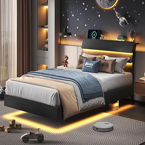 Miniatura 13 de Feonase Base de cama flotante tamaño Queen con luces LED y estación de carga, base de cama de madera tamaño Queen con cabecero de almacenamiento,