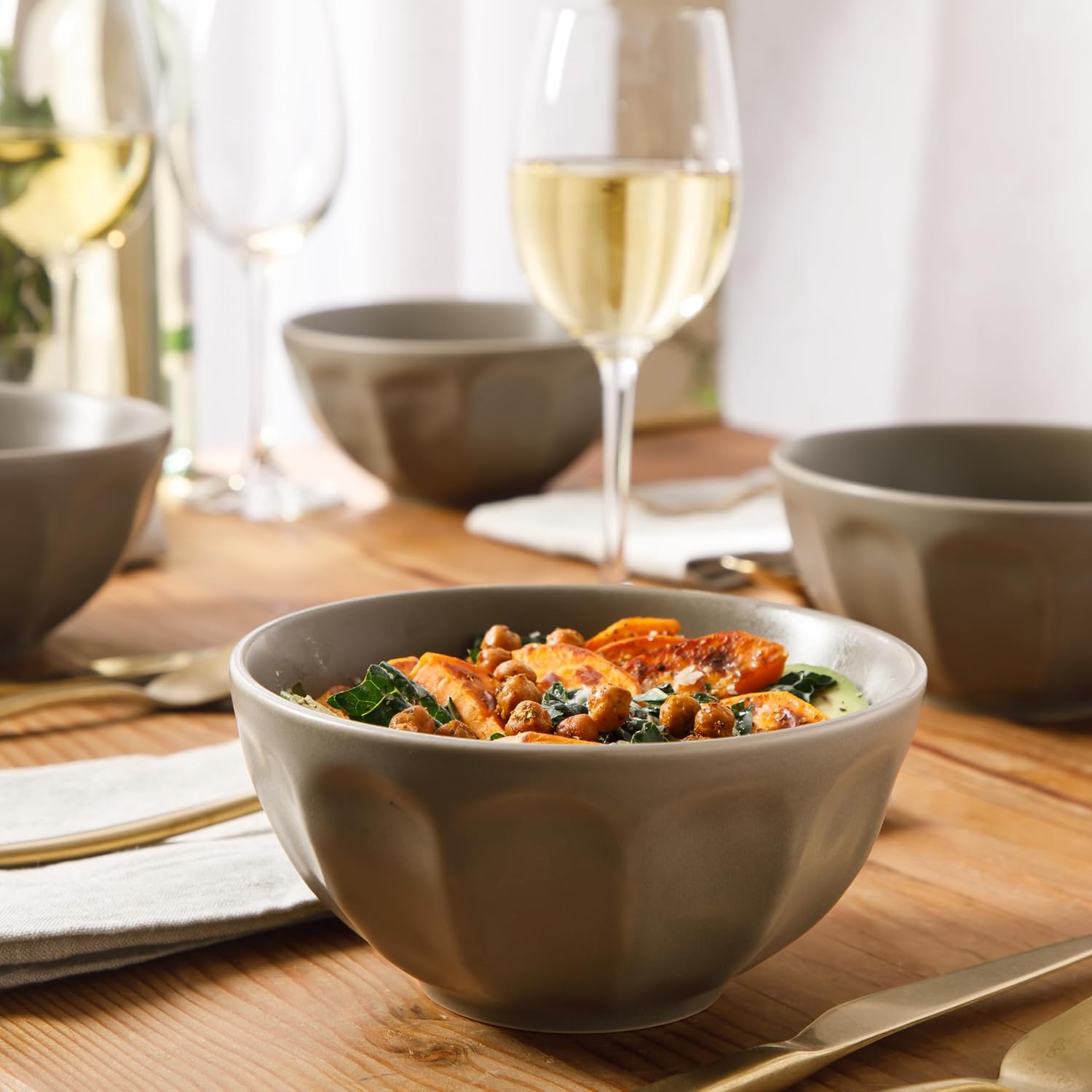 Bloomhouse Soup Bowls Set of 4, 6.4 Inch Cereal Bowls, Ceramic, Olive Stone