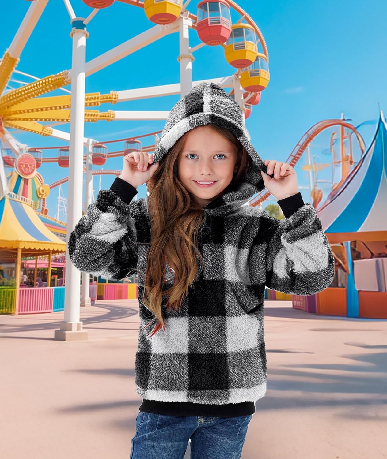 Little Beauty Girls Fuzzy Fleece Hoodies Sweatshirt Sherpa Pullover Cozy Hooded Outwear Coat with Pockets - Image 3