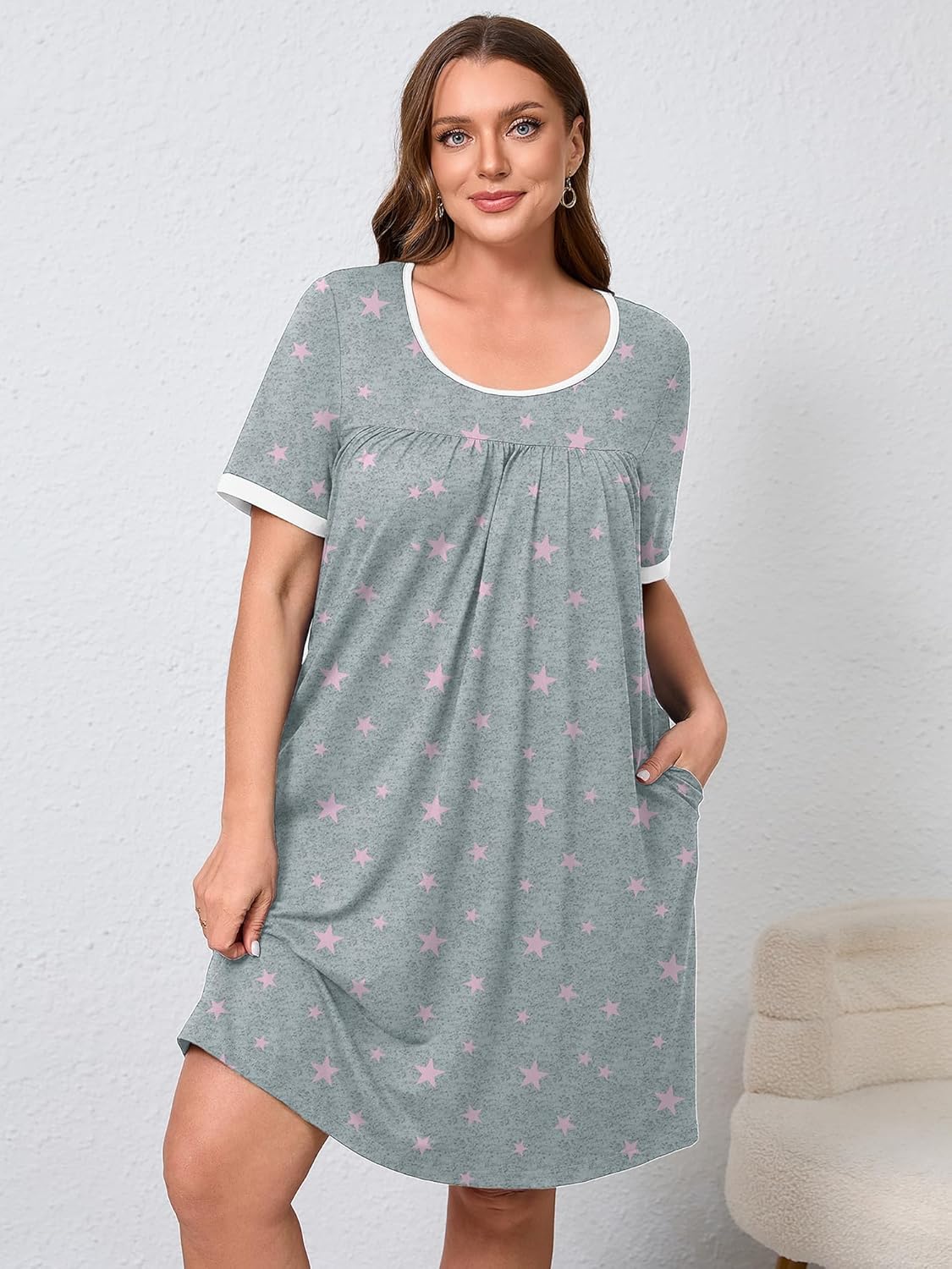 AusLook Plus Size Women's Nightgown Short Sleeve Sleep Dress Sleepwear Sleepshirts Pleated Scoopneck Nightshirt 1X-5X - Image 3