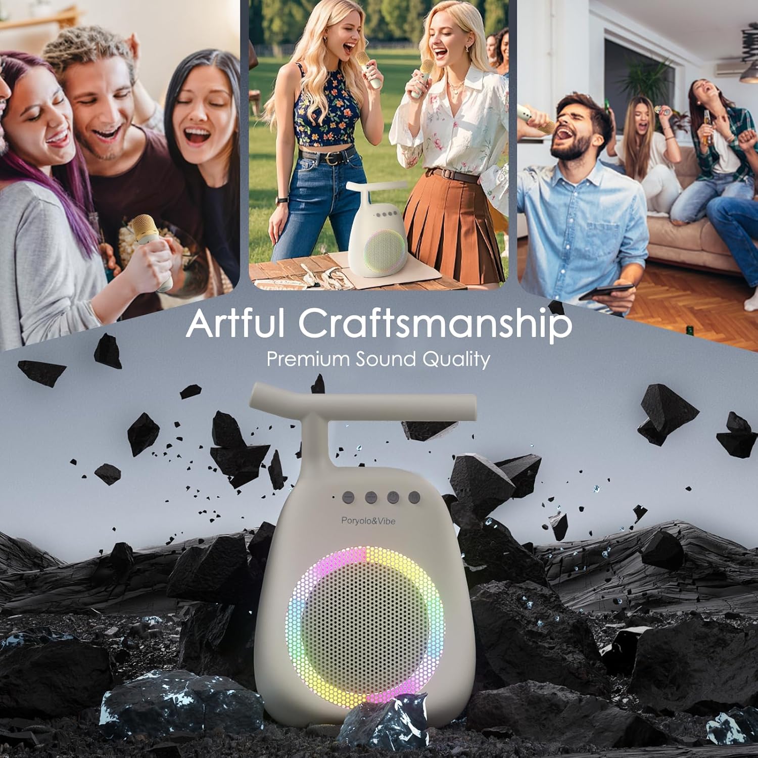 Karaoke Machine for Adults Kids, Mini Portable Bluetooth Speaker with 2 Wireless Microphone LED Lights, Supports USB/TF/AUX，Karaoke Toys for Family Party, Birthday Gift for Party - Image 2