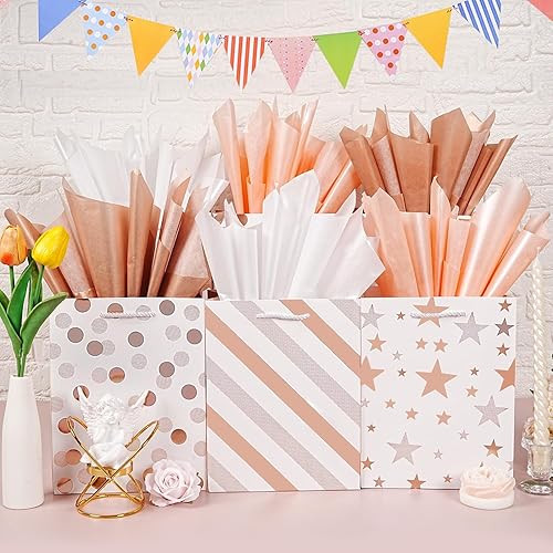 Miniatura 3 de 60 hojas de papel de seda para bolsas de regalo, 14 x 20 pulgadas, papel de seda metálico rosa dorado rosa blanco para embalaje de manualidades,