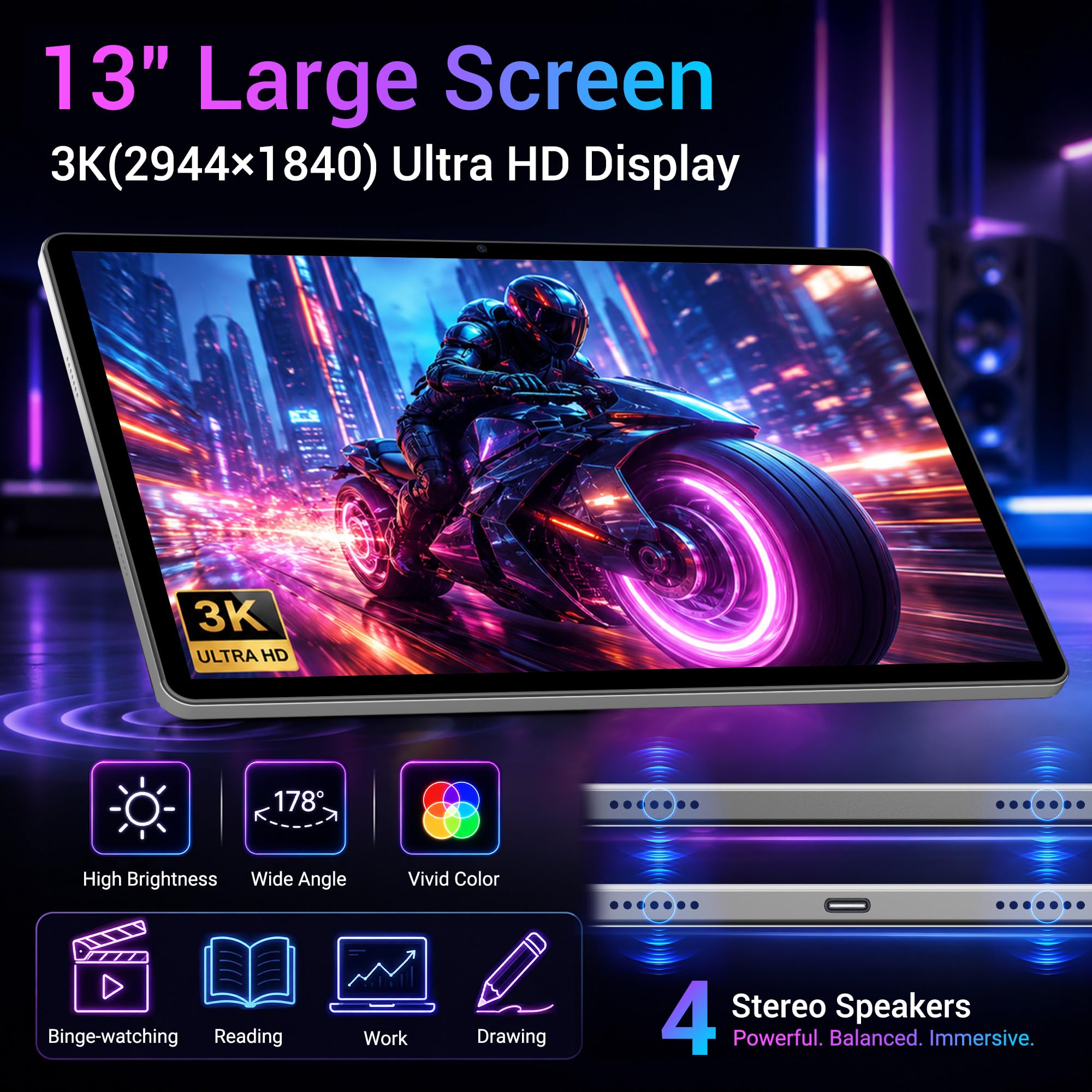 Tablette Tactile 13 Pouces Android 16, 3K (2944×1840), WiFi 5G+4G LTE, 36Go RAM+256Go/1TB TF, Helio G99, Widevine L1/11580mAh/4 Haut-Parleurs/GPS/13MP, Inclut Clavier/Étui/Souris/Stylet
